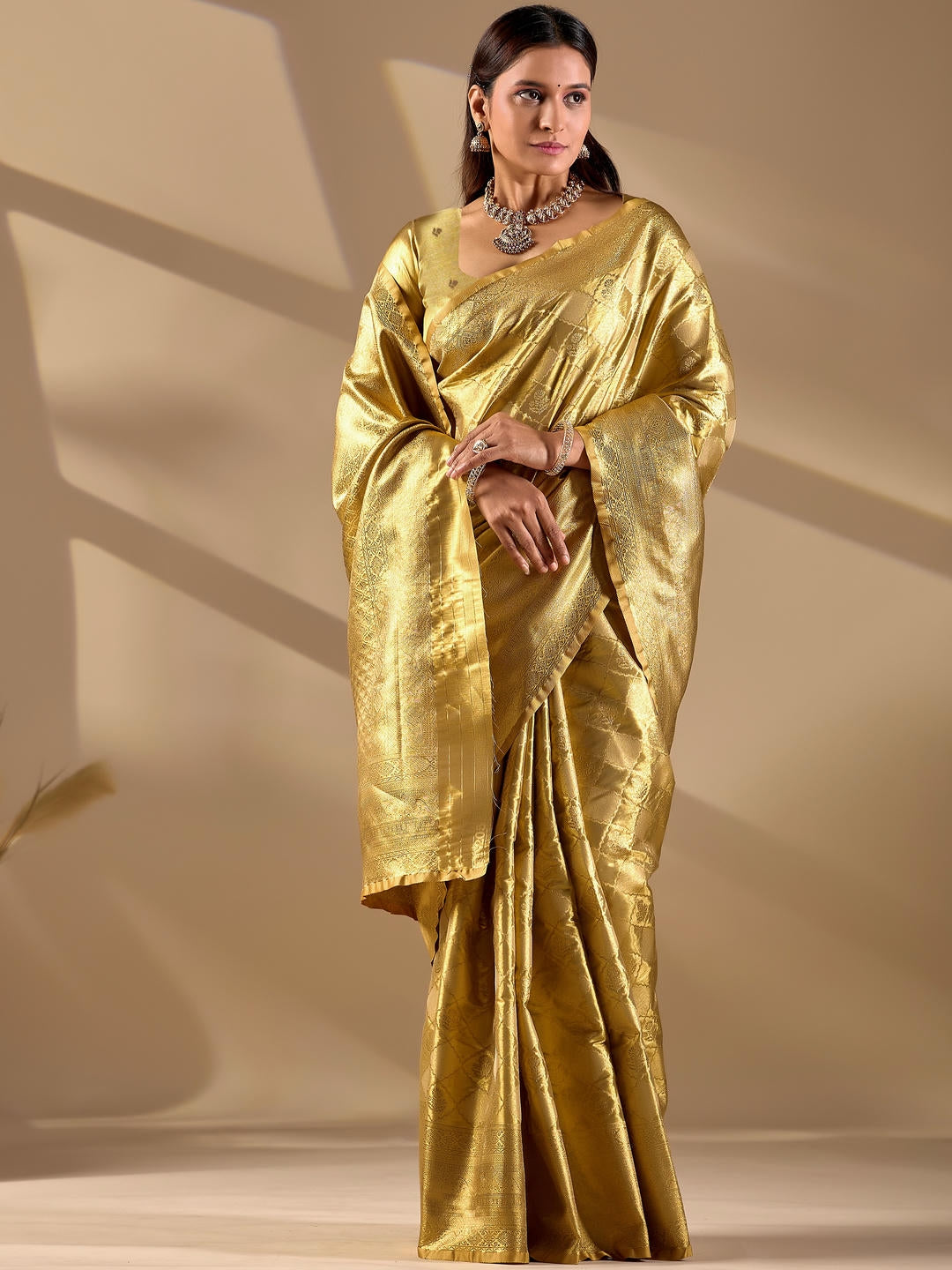 Samantha Metallic Gold Woven Design Premium Traditional Silk Fabric Saree With Gold Unstitched Blouse Piece Featuring A Heavy Zari Border For Women Ethnic Wedding And Festive Wear