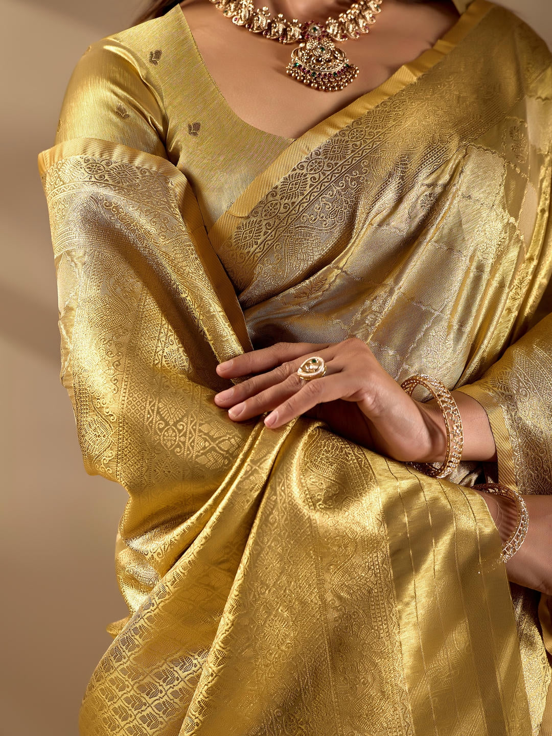 Samantha Metallic Gold Woven Design Premium Traditional Silk Fabric Saree With Gold Unstitched Blouse Piece Featuring A Heavy Zari Border For Women Ethnic Wedding And Festive Wear