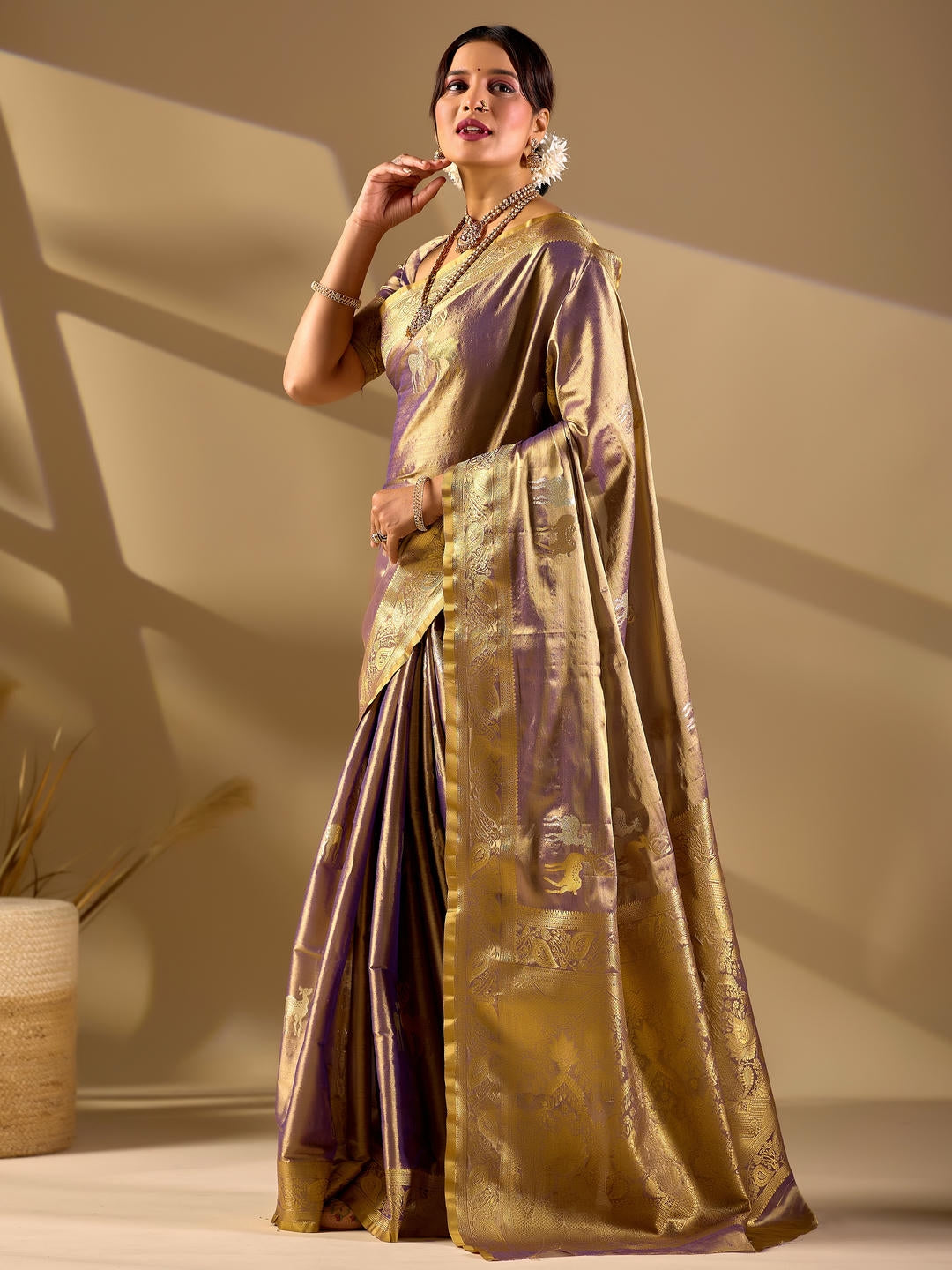 Samantha Deer Gold Woven Design Premium Traditional Silk Fabric Saree With Gold Unstitched Blouse Piece Featuring A Heavy Zari Border For Women Ethnic Wedding And Festive Wear