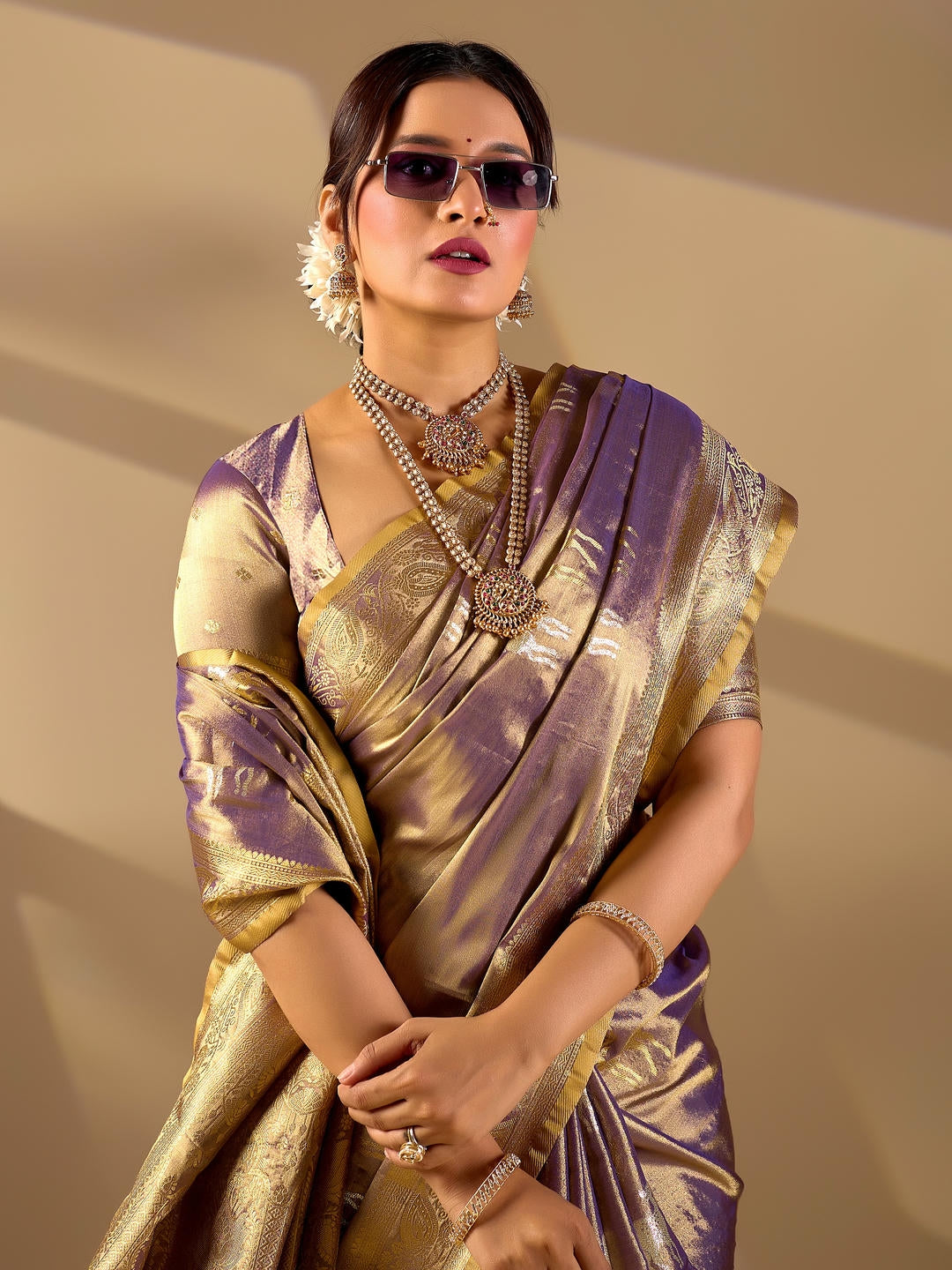Samantha Deer Gold Woven Design Premium Traditional Silk Fabric Saree With Gold Unstitched Blouse Piece Featuring A Heavy Zari Border For Women Ethnic Wedding And Festive Wear