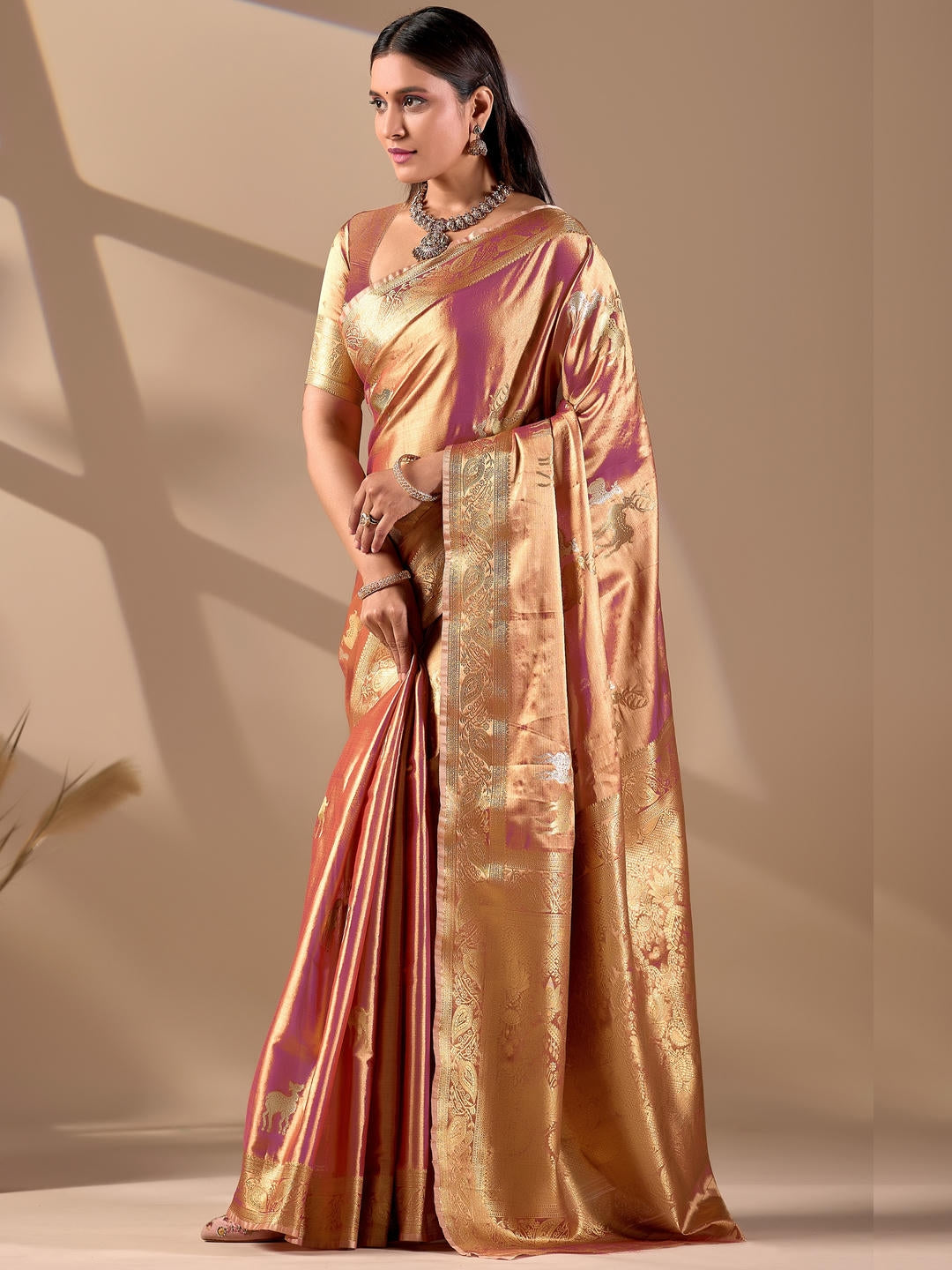 Samantha Peach Gold Woven Design Premium Traditional Silk Fabric Saree With Peach Unstitched Blouse Piece Featuring A Heavy Zari Border For Women Ethnic Wedding And Festive Wear