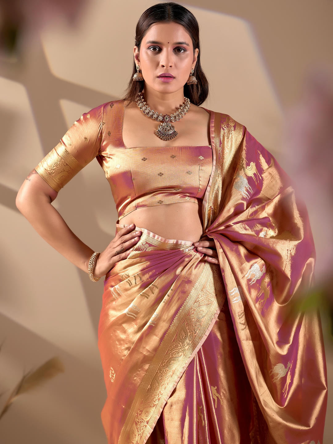 Samantha Peach Gold Woven Design Premium Traditional Silk Fabric Saree With Peach Unstitched Blouse Piece Featuring A Heavy Zari Border For Women Ethnic Wedding And Festive Wear