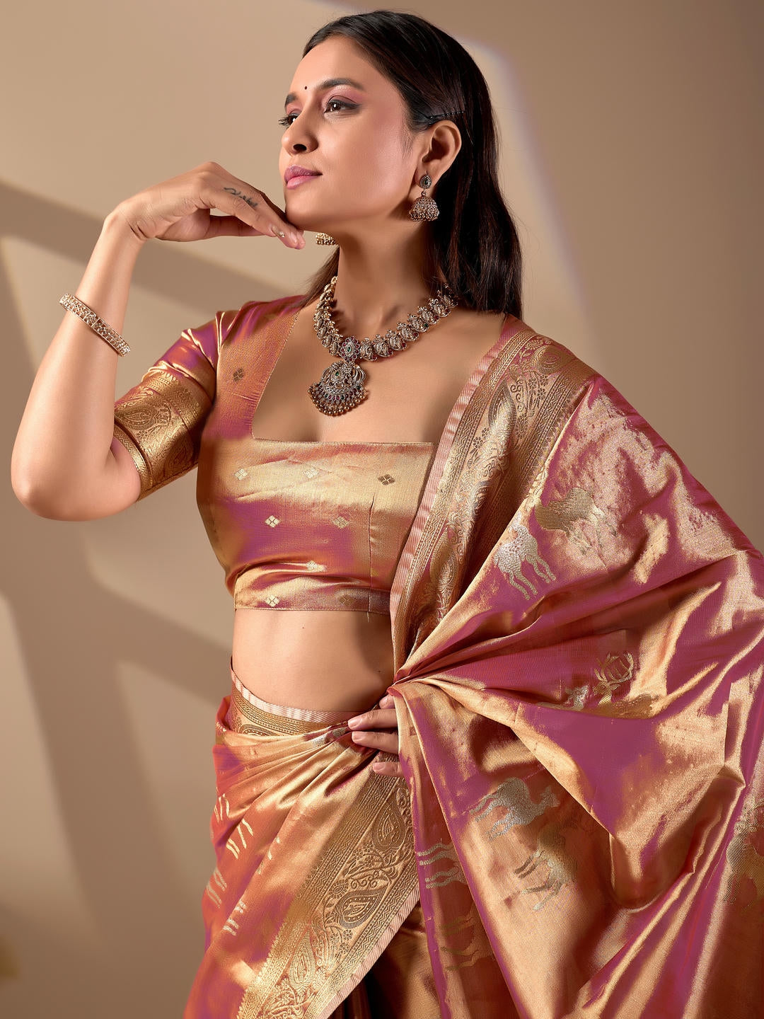 Samantha Peach Gold Woven Design Premium Traditional Silk Fabric Saree With Peach Unstitched Blouse Piece Featuring A Heavy Zari Border For Women Ethnic Wedding And Festive Wear