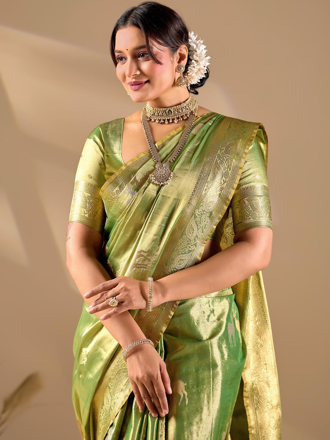 Samantha Green Woven Design Premium Traditional Silk Fabric Saree With Green Unstitched Blouse Piece Featuring A Heavy Zari Border For Women Ethnic Wedding And Festive Wear