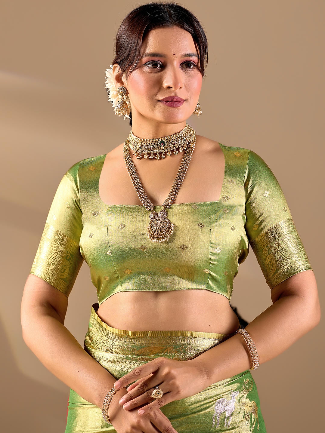 Samantha Green Woven Design Premium Traditional Silk Fabric Saree With Green Unstitched Blouse Piece Featuring A Heavy Zari Border For Women Ethnic Wedding And Festive Wear