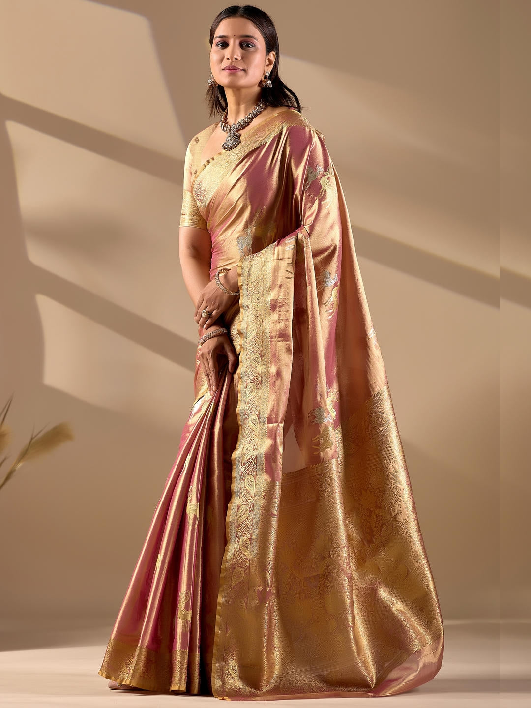 Samantha Peach Woven Design Premium Traditional Silk Fabric Saree With Peach Unstitched Blouse Piece Featuring A Heavy Zari Border For Women Ethnic Wedding And Festive Wear