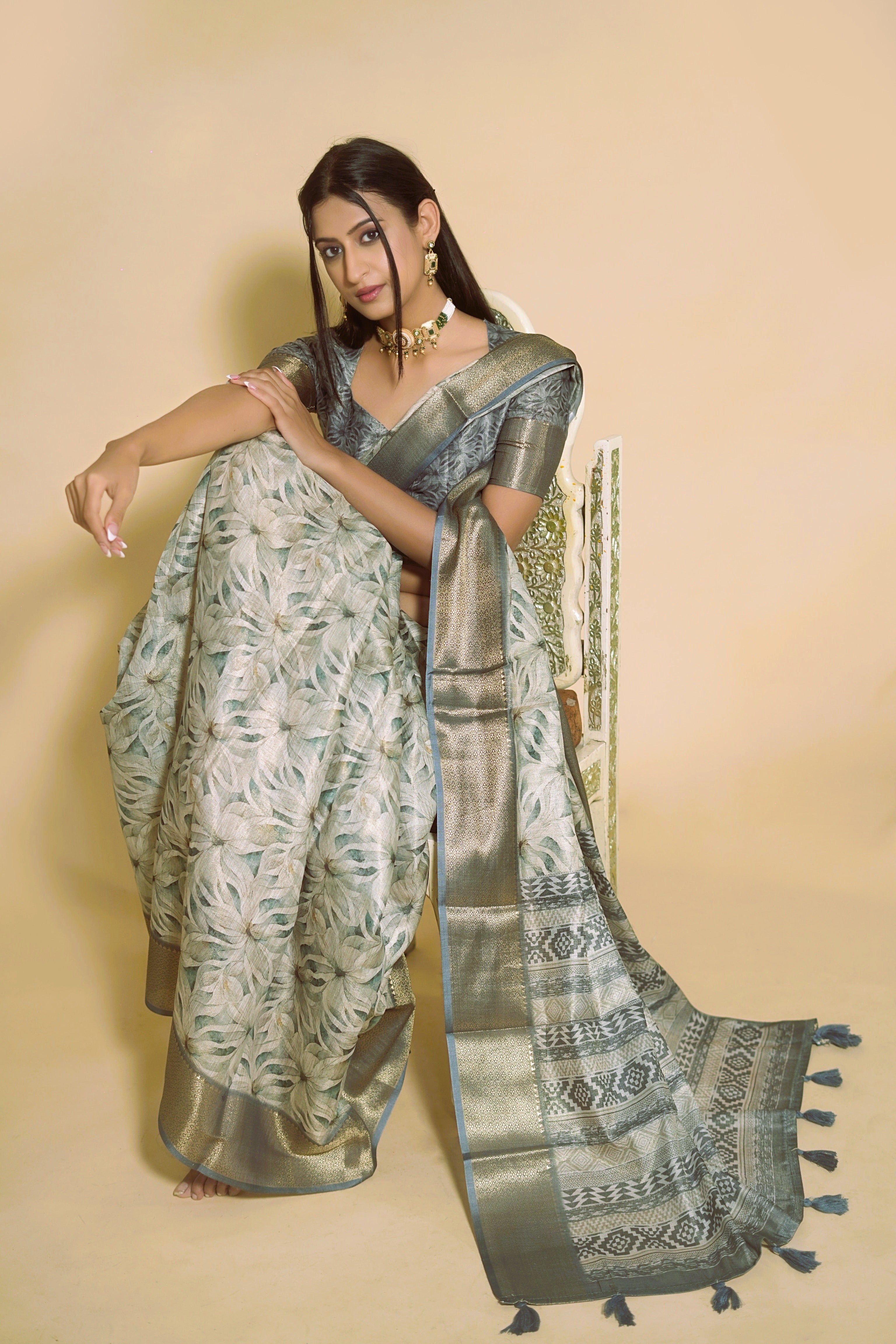 Steel Grey and Beige Floral Print Saree with Zari Border