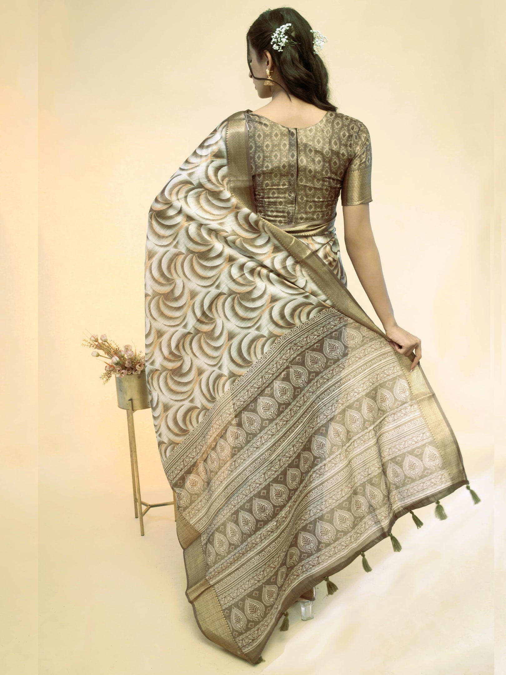 Bronze and Cream Abstract Wave Print Saree with Antique Gold Zari Border
