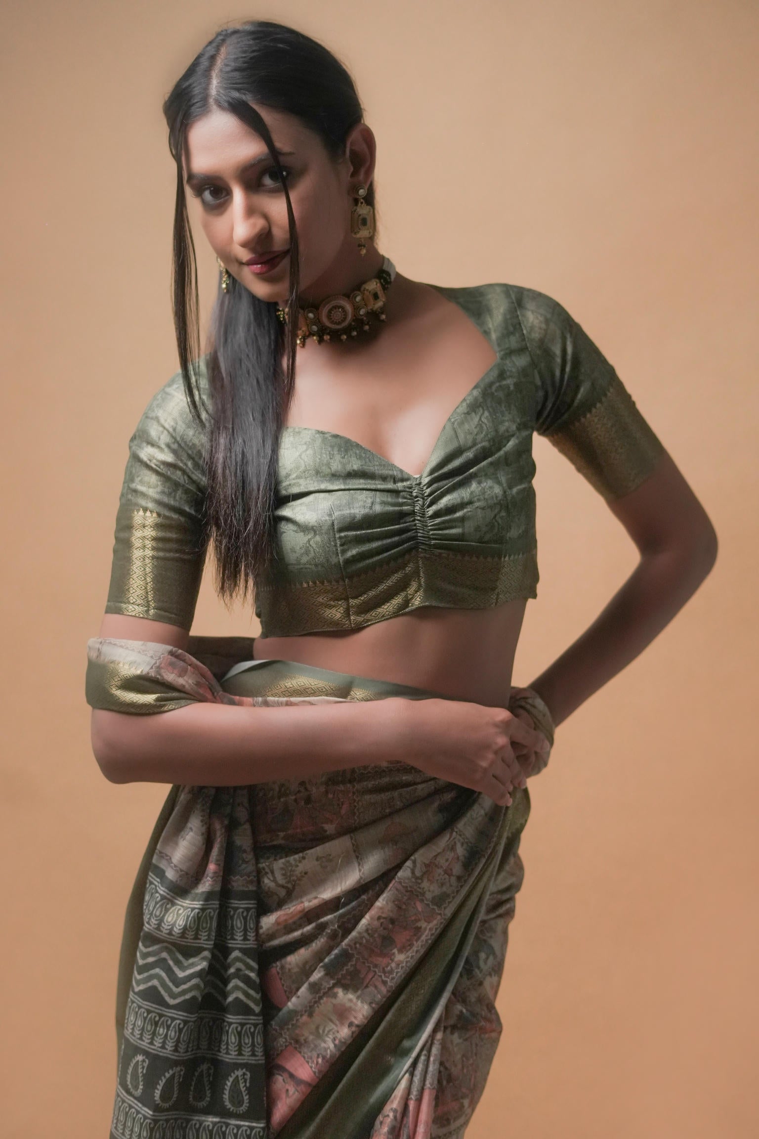 Earthy Multi-Tone Kalamkari Print Saree with Antique Zari Border