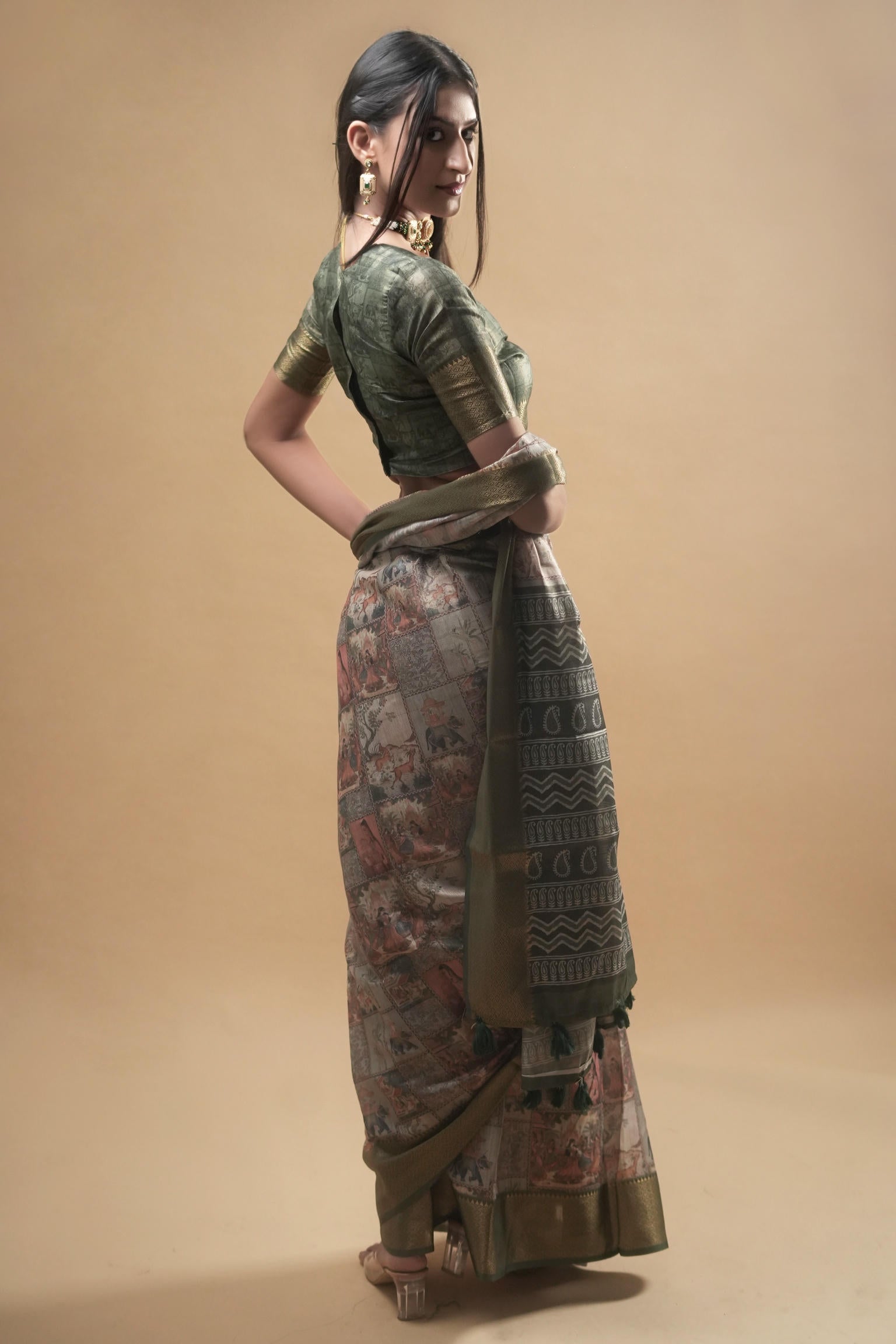 Earthy Multi-Tone Kalamkari Print Saree with Antique Zari Border