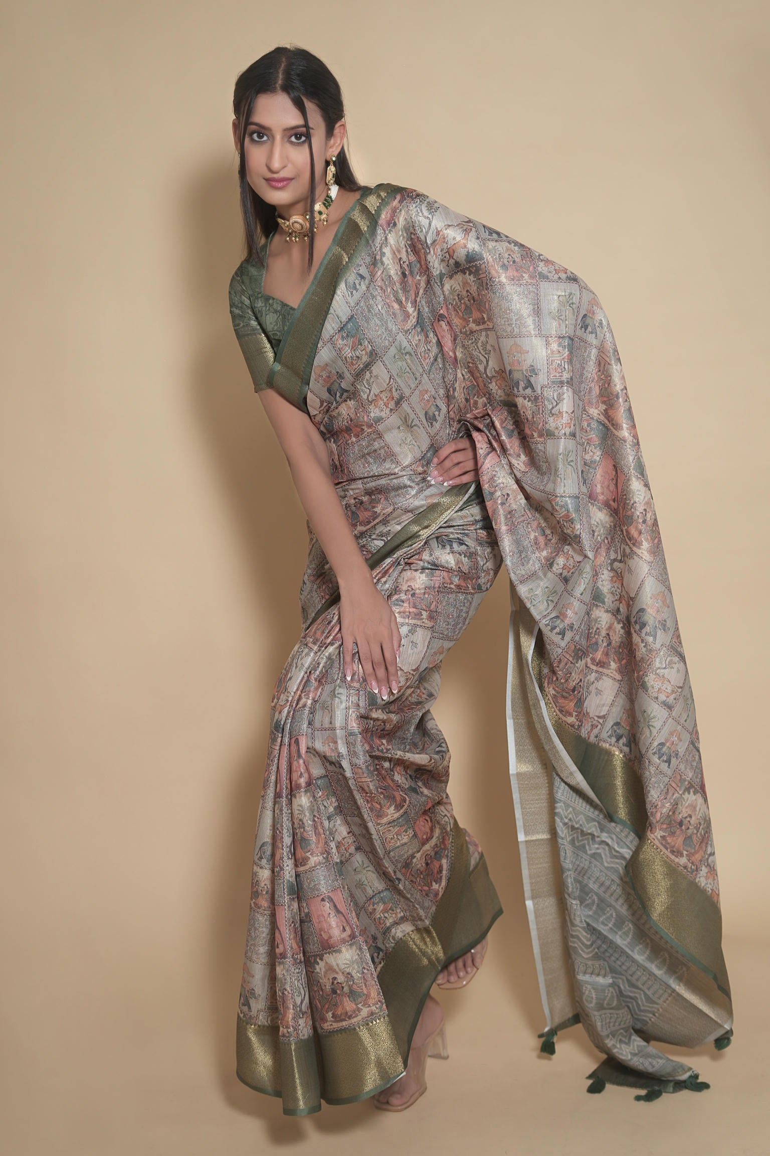 Earthy Multi-Tone Kalamkari Print Saree with Antique Zari Border