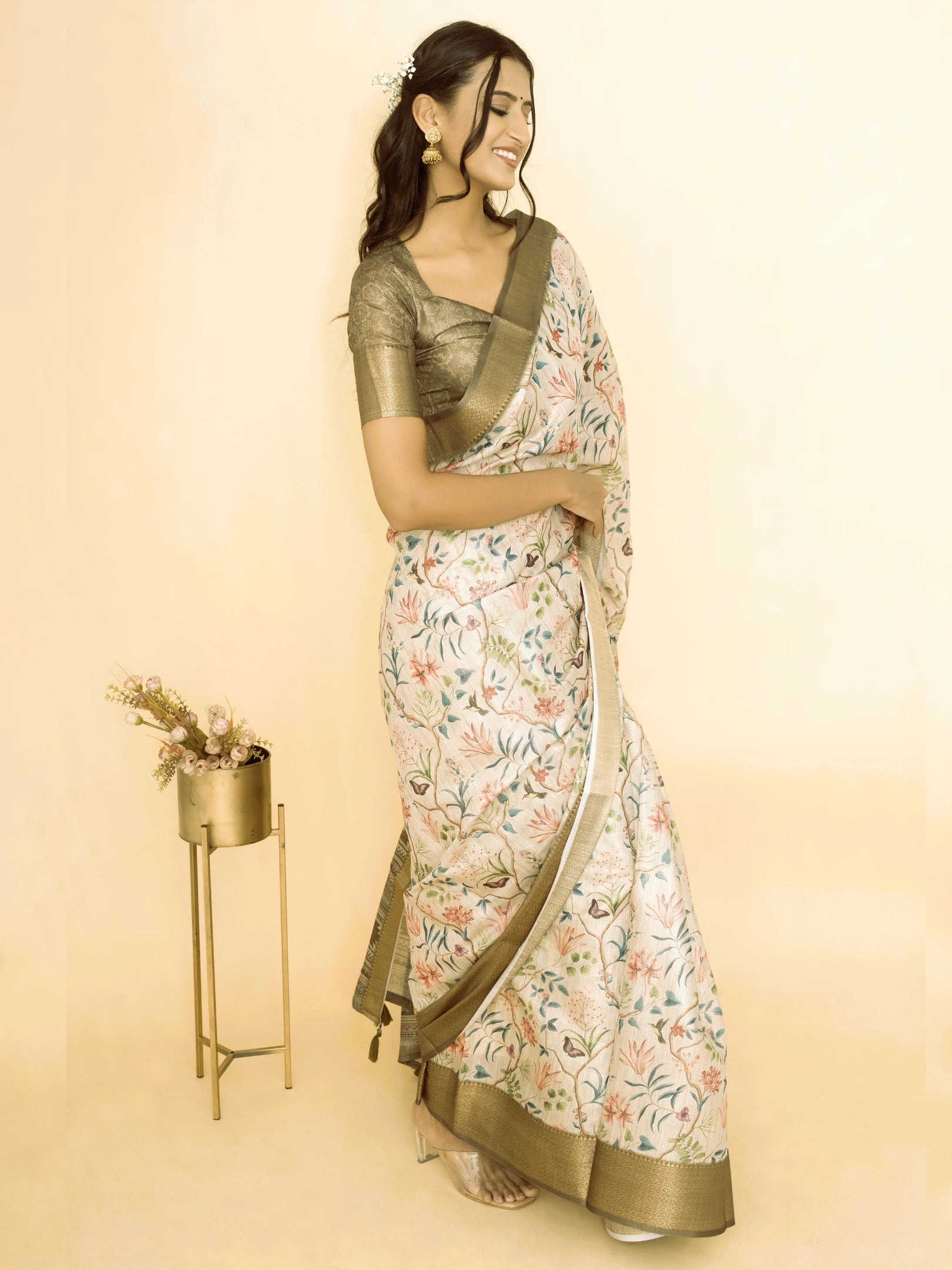 Off-White Botanical Print Saree with Bronze Zari Border