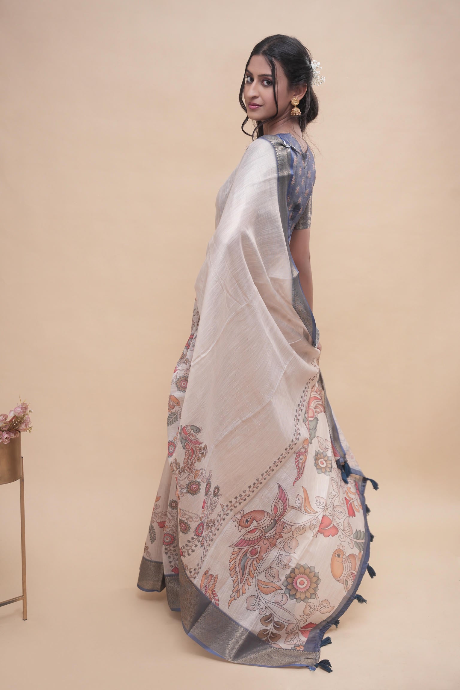 Cream Pen Kalamkari Print Saree with Steel Blue Zari Border