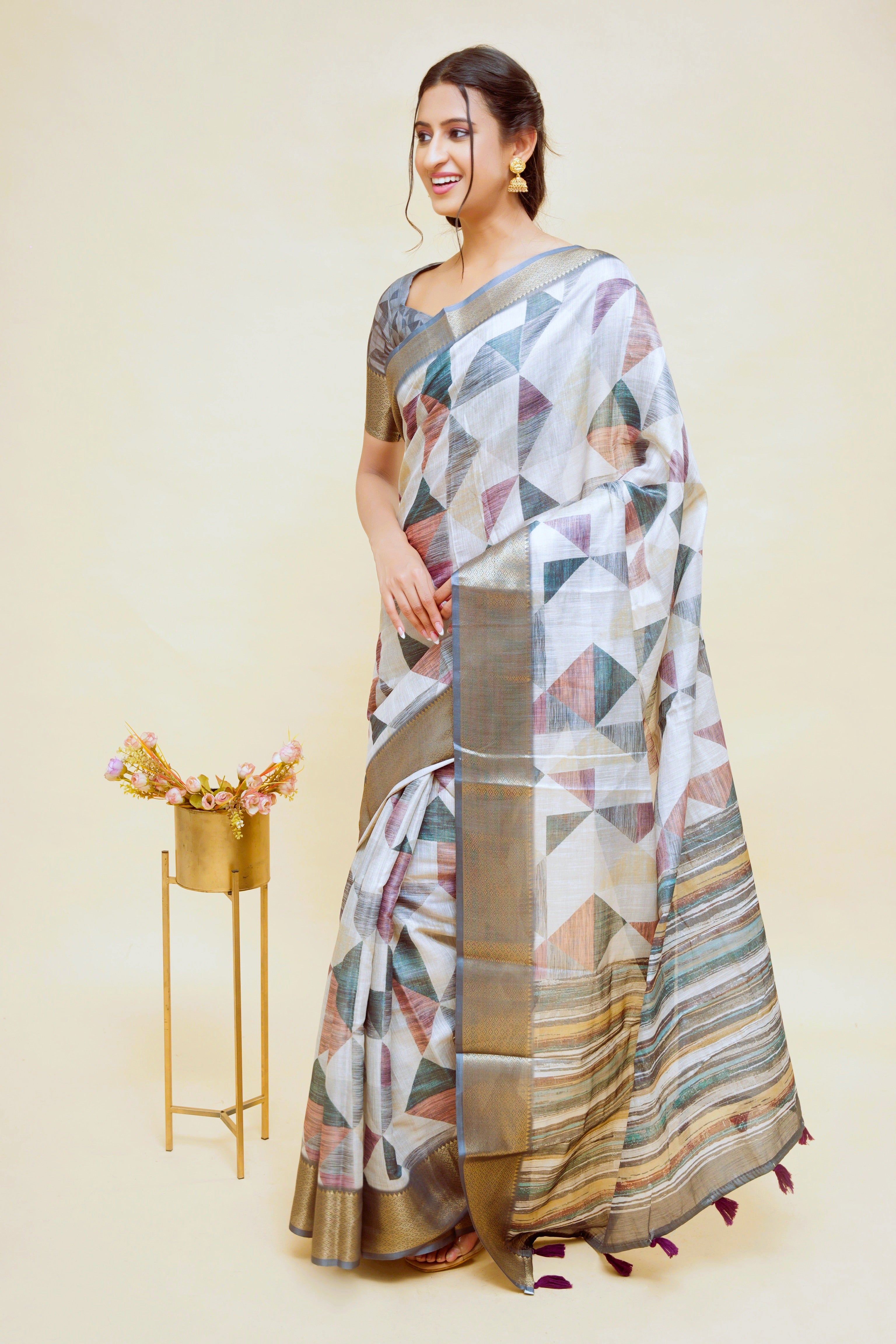 Grey and Mauve Geometric Triangle Print Saree with Bronze Zari Border