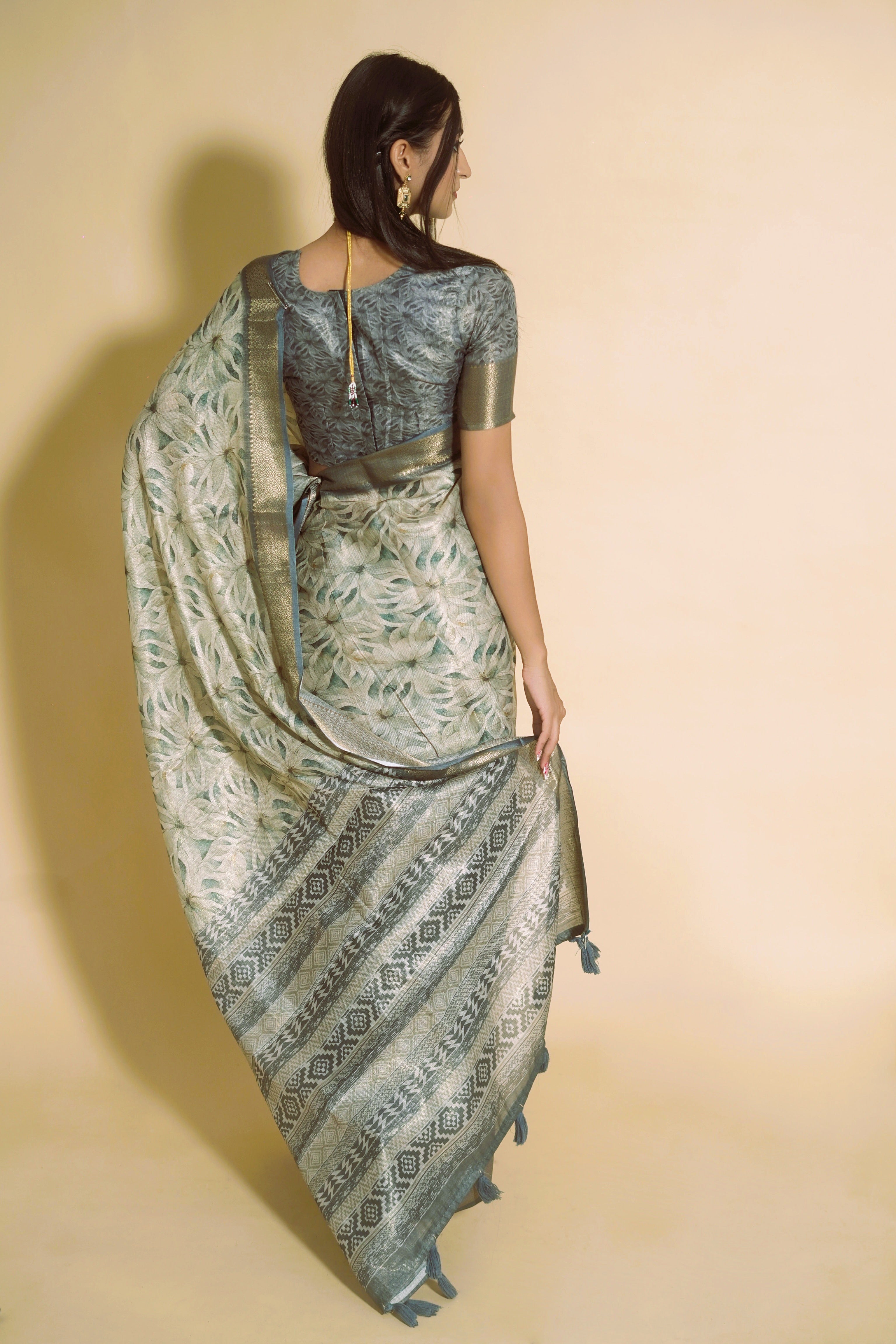 Steel Grey and Beige Floral Print Saree with Zari Border