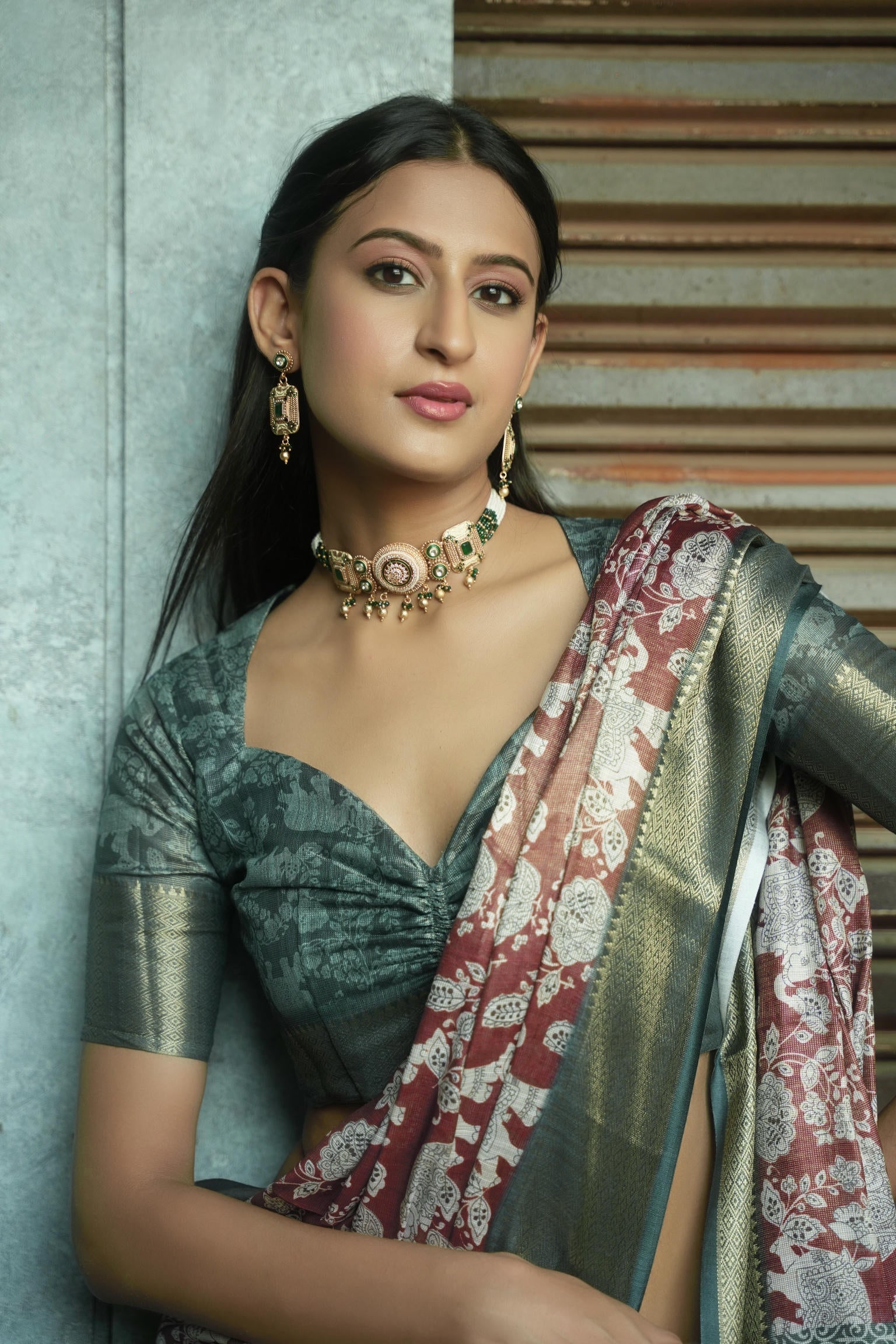 Maroon Floral and Elephant Print Saree with Antique Zari Border