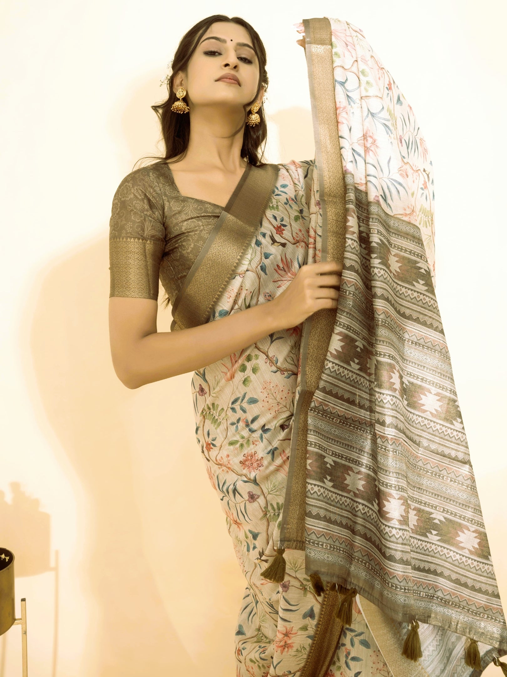 Off-White Botanical Print Saree with Bronze Zari Border