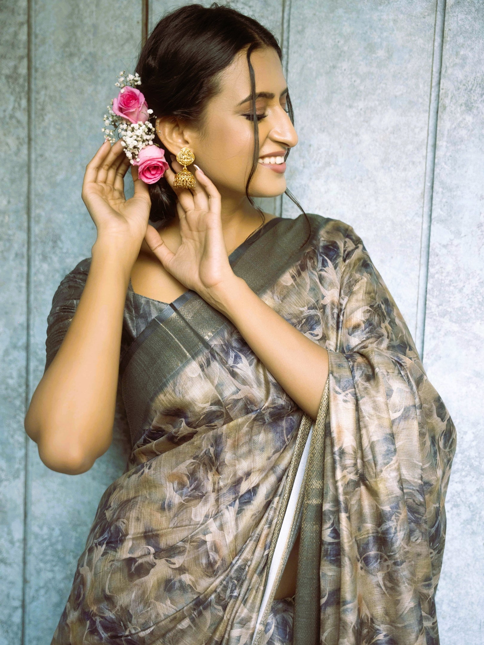 Smoky Blue and Beige Abstract Print Saree with Antique Zari Border