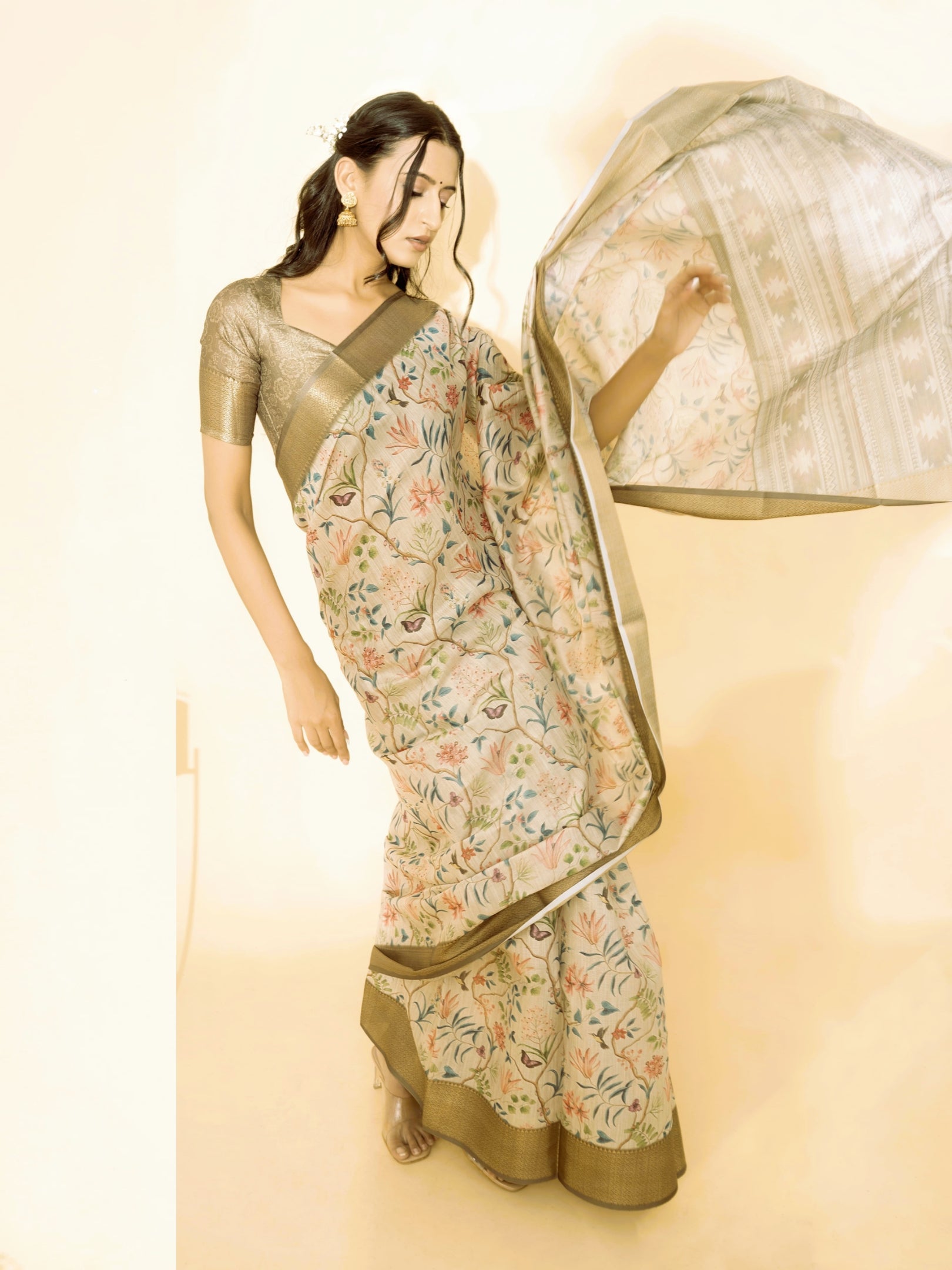 Off-White Botanical Print Saree with Bronze Zari Border