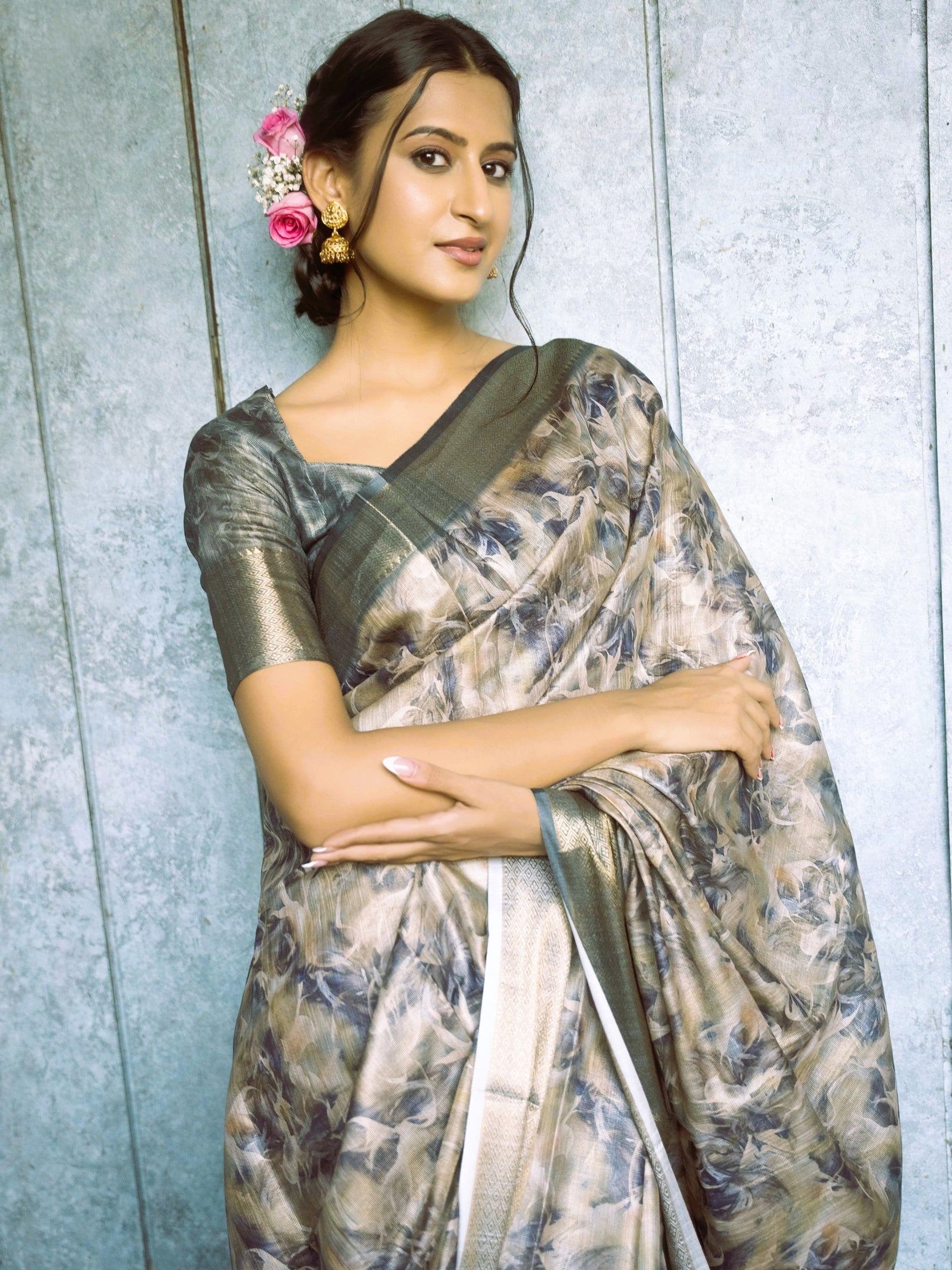 Smoky Blue and Beige Abstract Print Saree with Antique Zari Border