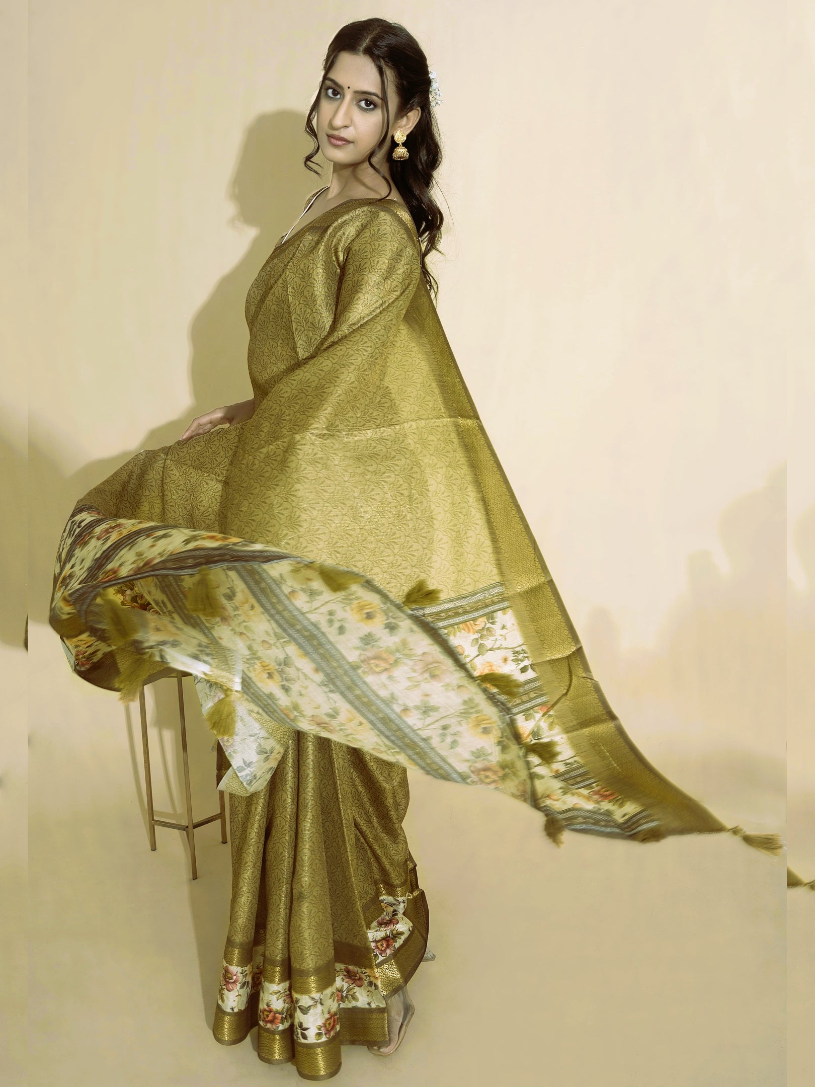 Antique Gold Olive Textured Saree with Floral Border and Zari Accents