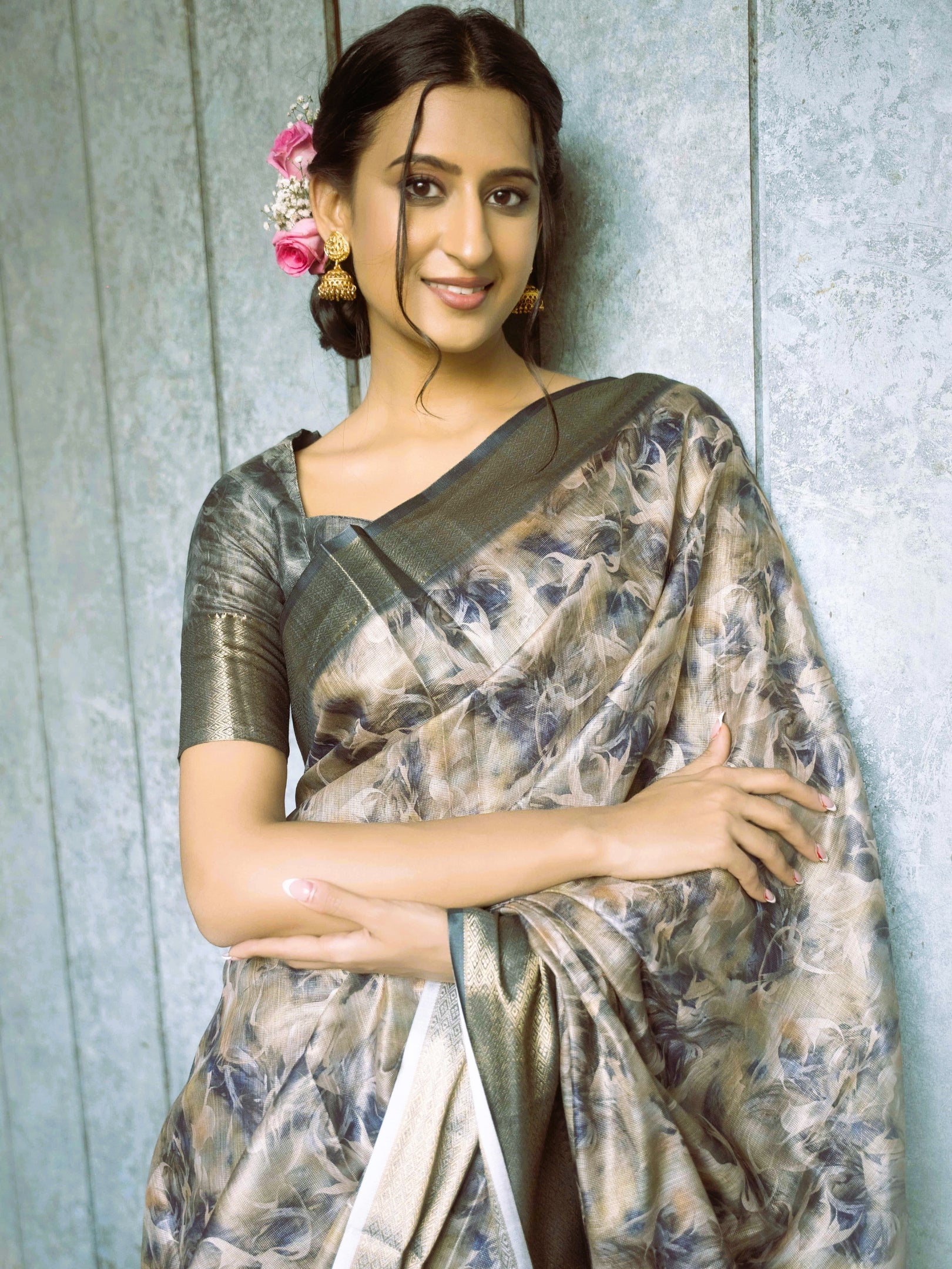 Smoky Blue and Beige Abstract Print Saree with Antique Zari Border