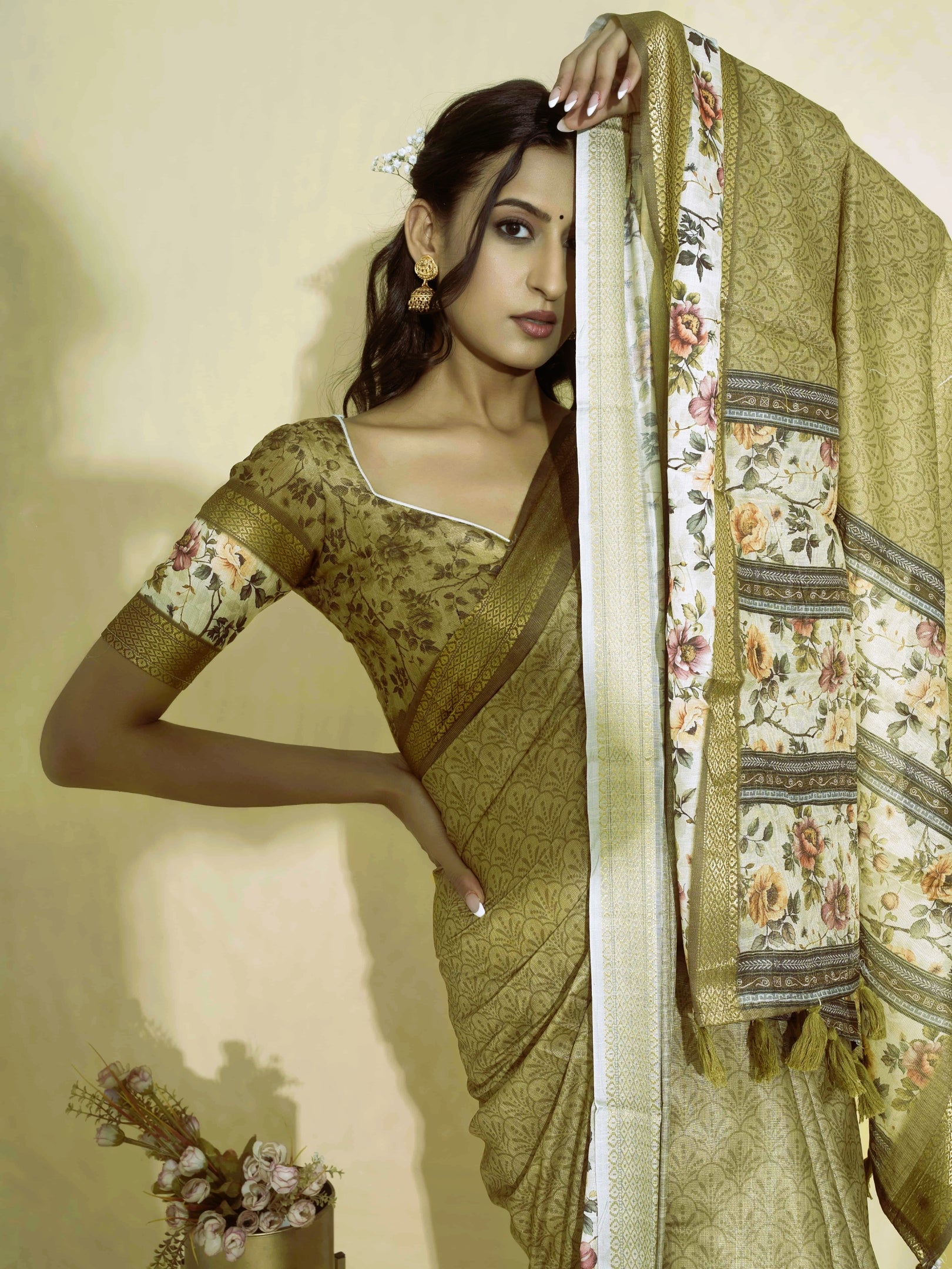 Antique Gold Olive Textured Saree with Floral Border and Zari Accents