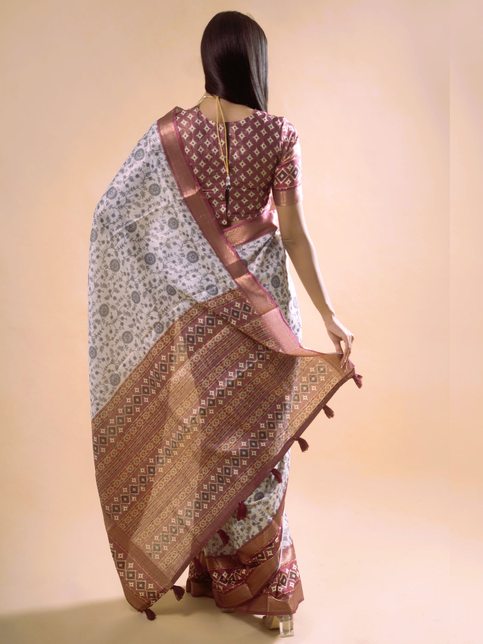 Cream Floral Saree with Maroon Geometric Zari Border and Printed Blouse