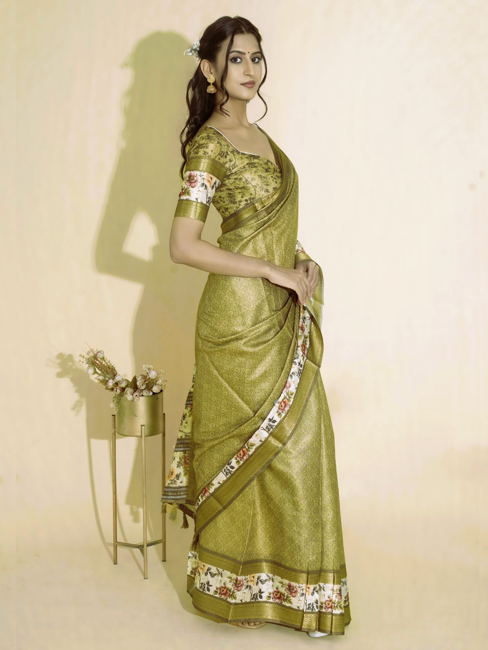 Antique Gold Olive Textured Saree with Floral Border and Zari Accents