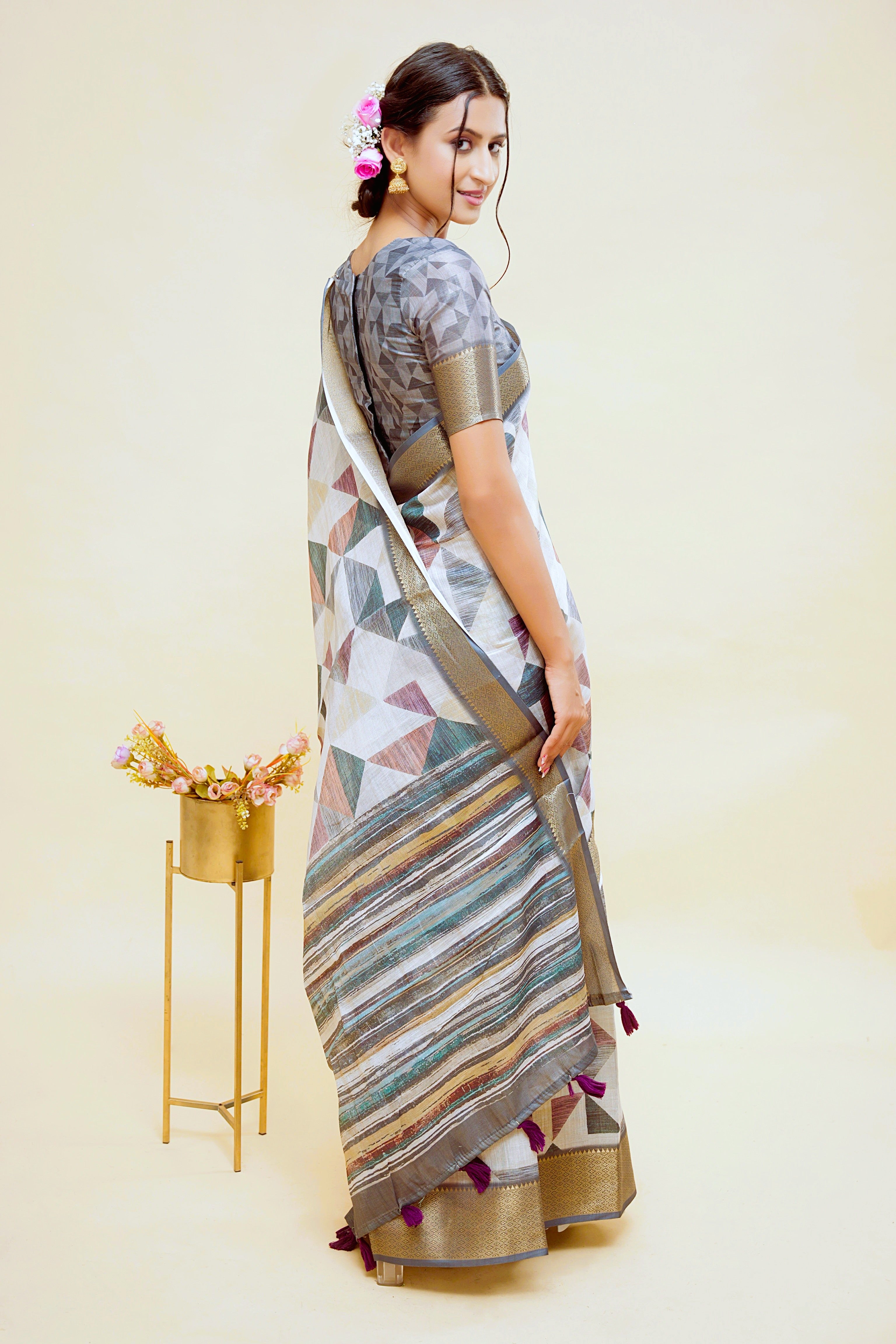 Grey and Mauve Geometric Triangle Print Saree with Bronze Zari Border
