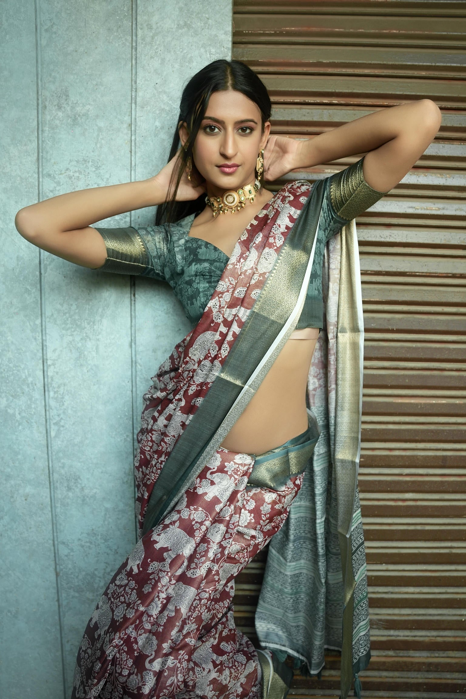Maroon Floral and Elephant Print Saree with Antique Zari Border