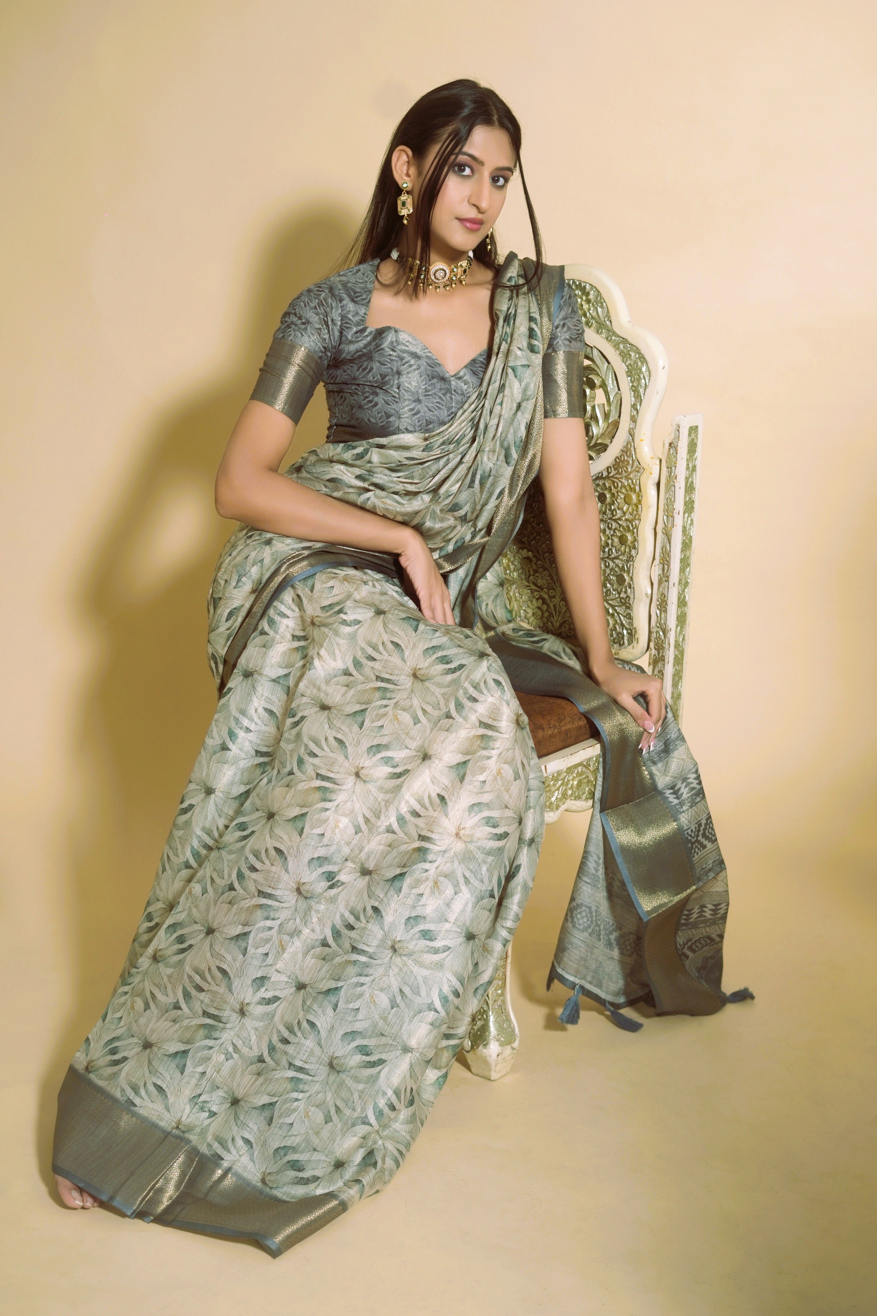 Steel Grey and Beige Floral Print Saree with Zari Border