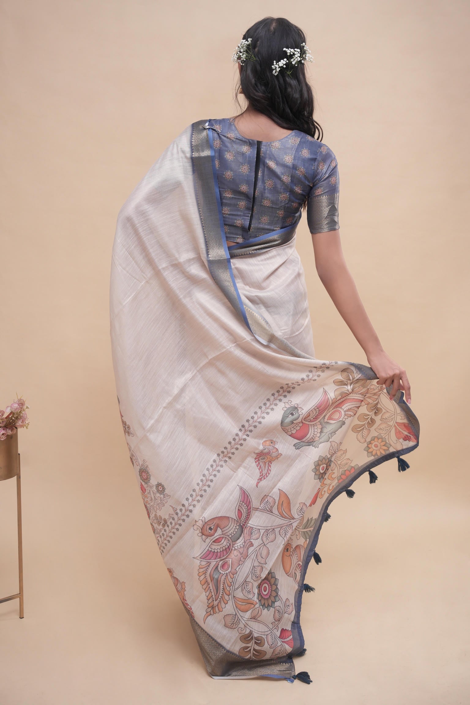 Cream Pen Kalamkari Print Saree with Steel Blue Zari Border