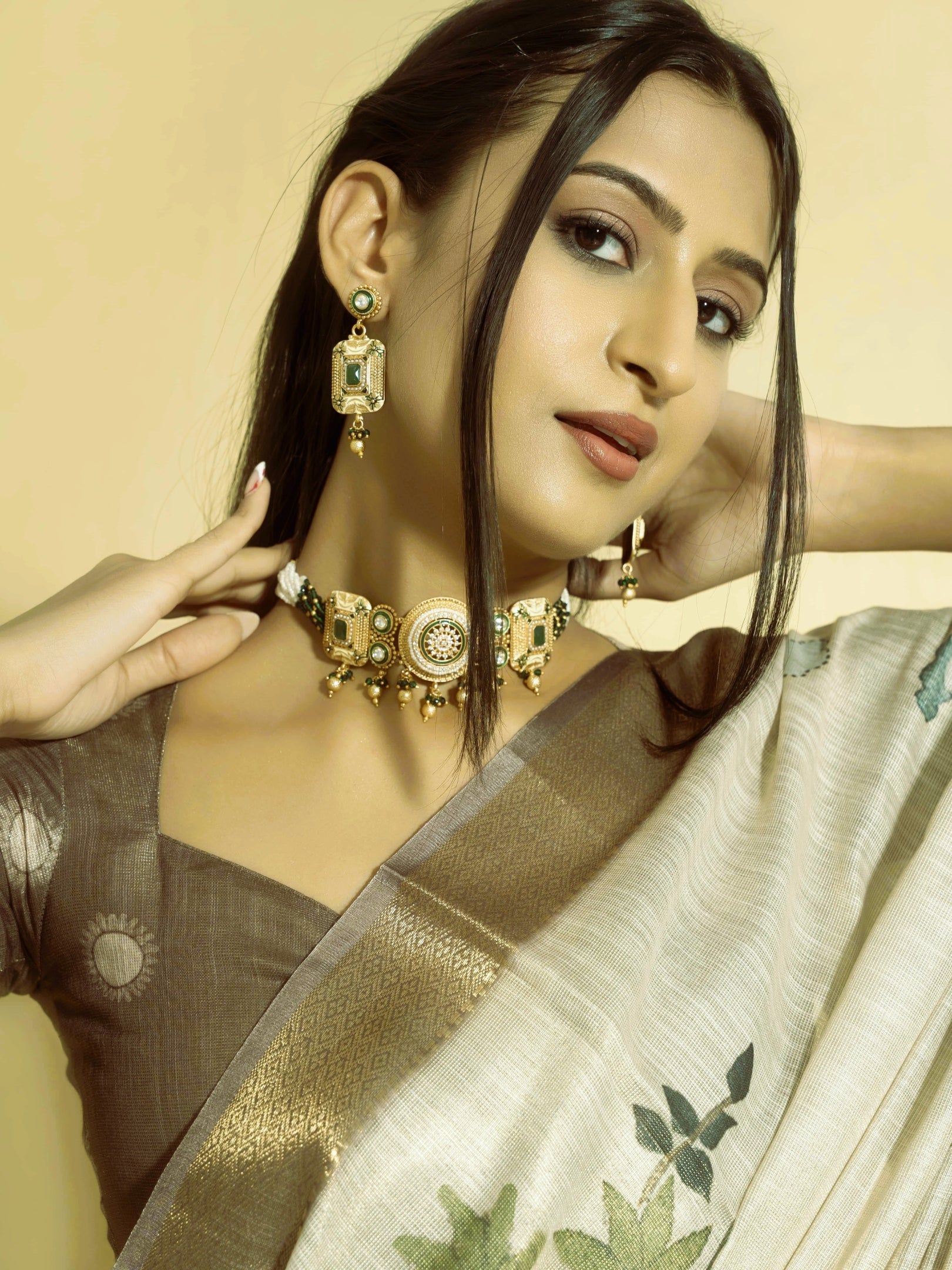 Off-White Illustrative Folk Art Saree with Dull Gold Zari Border
