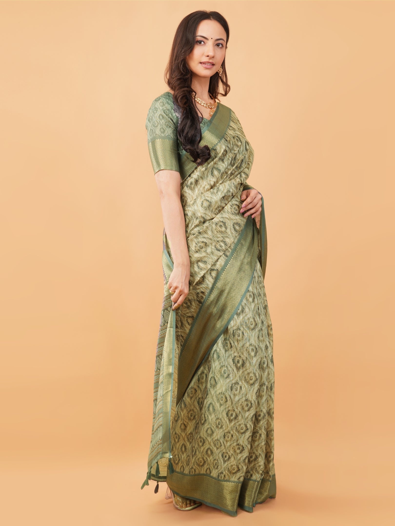 Slate Grey & Earthy Beige Abstract Block-Print Saree with Antique Zari Border