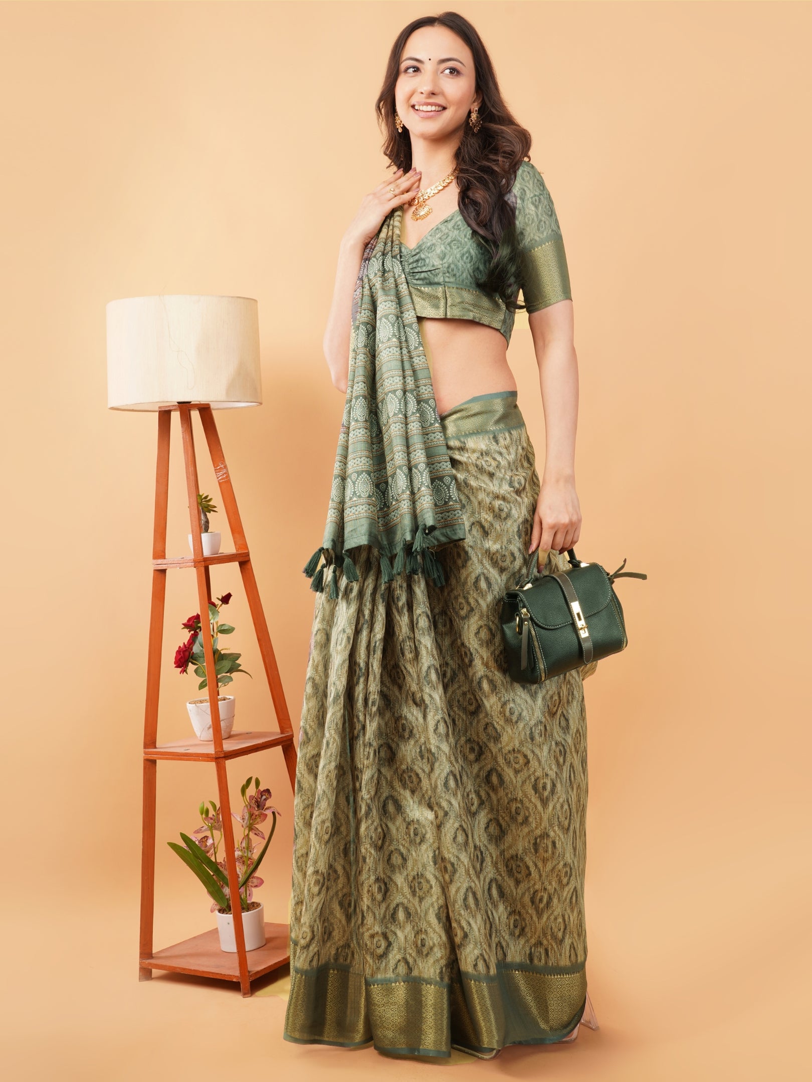 Slate Grey & Earthy Beige Abstract Block-Print Saree with Antique Zari Border