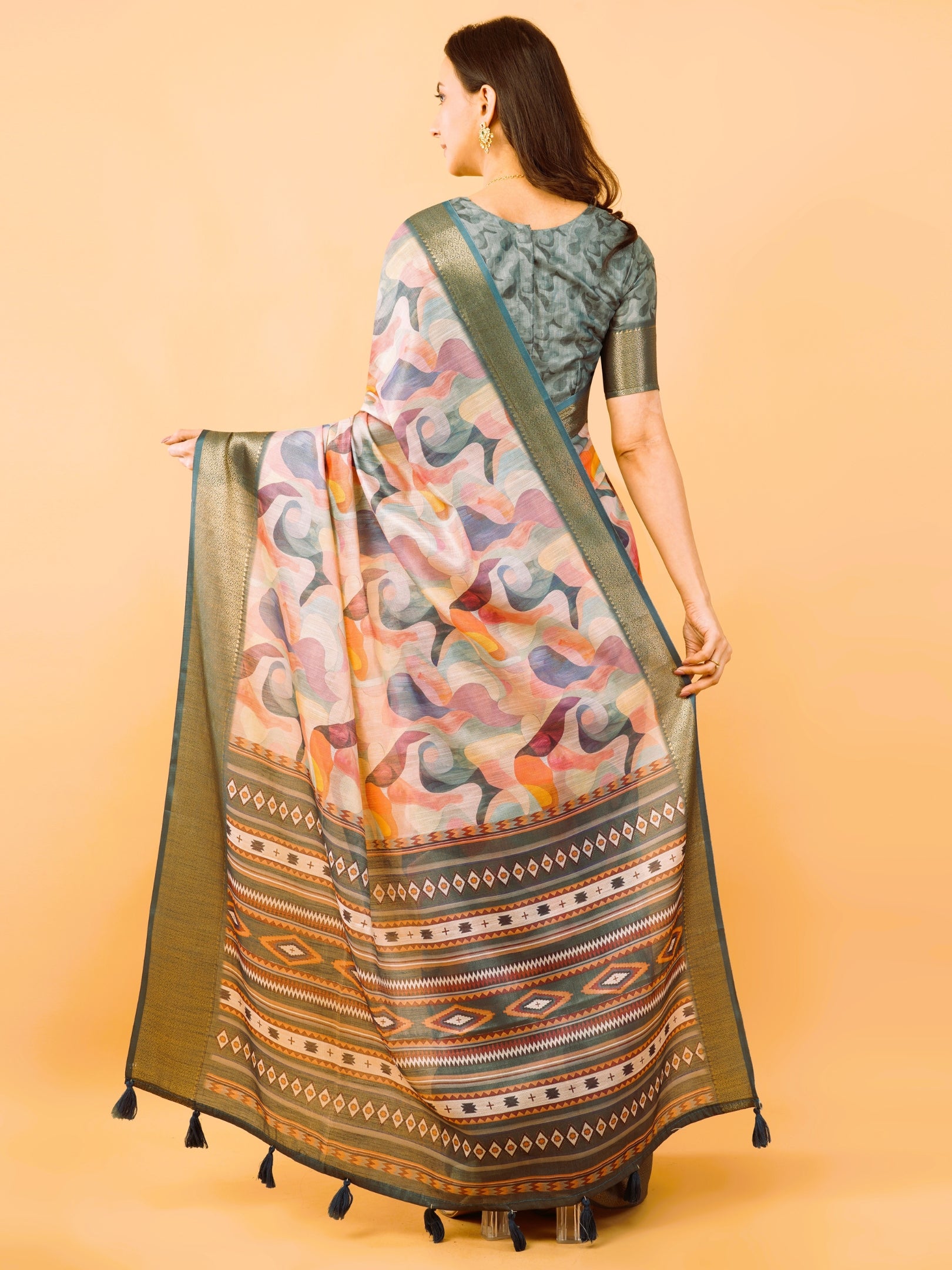 Multi-Color Abstract Print Saree with Antique Zari Border