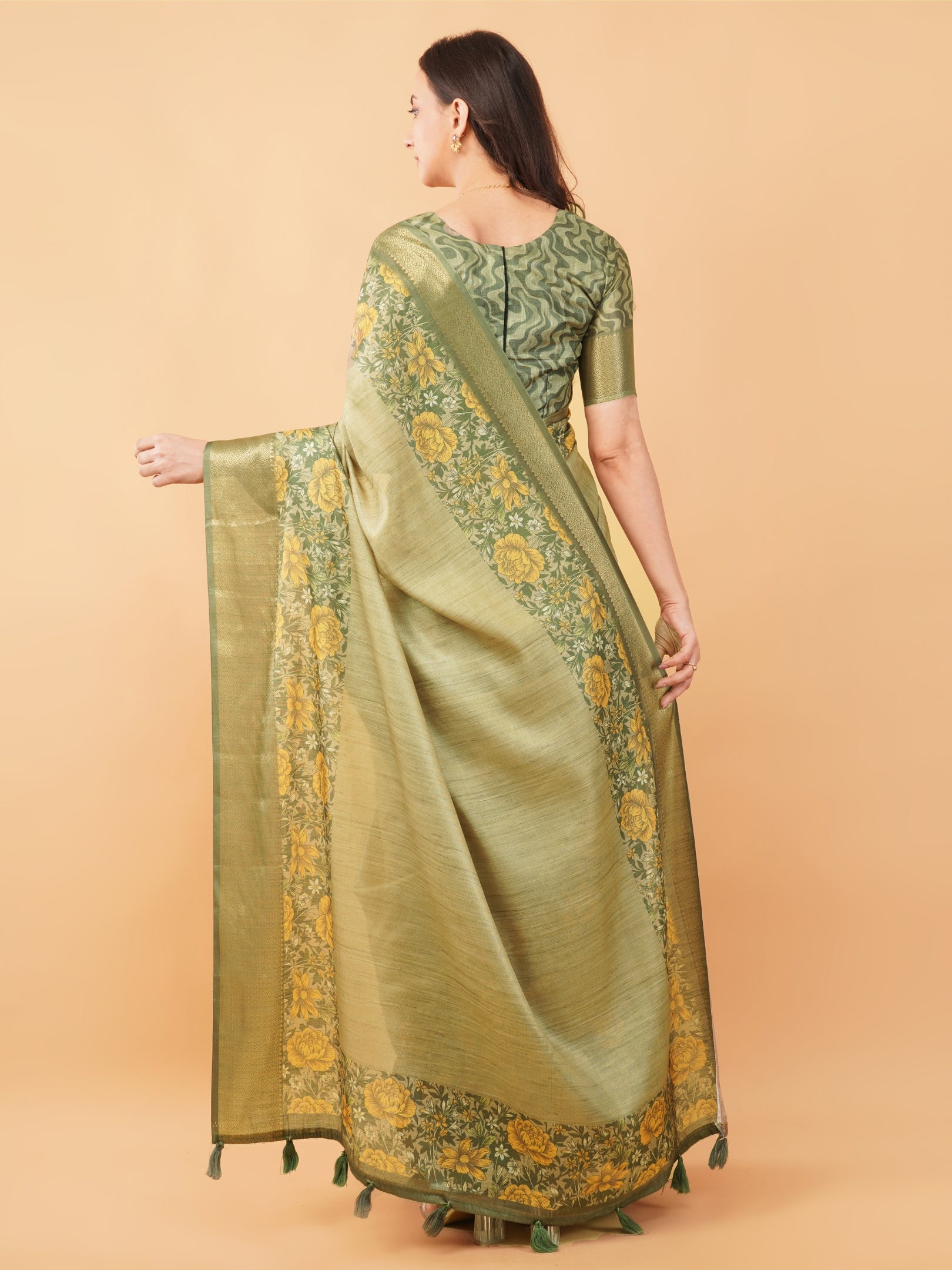 Metallic Gold Floral Saree with Floral Border and Tassel Pallu