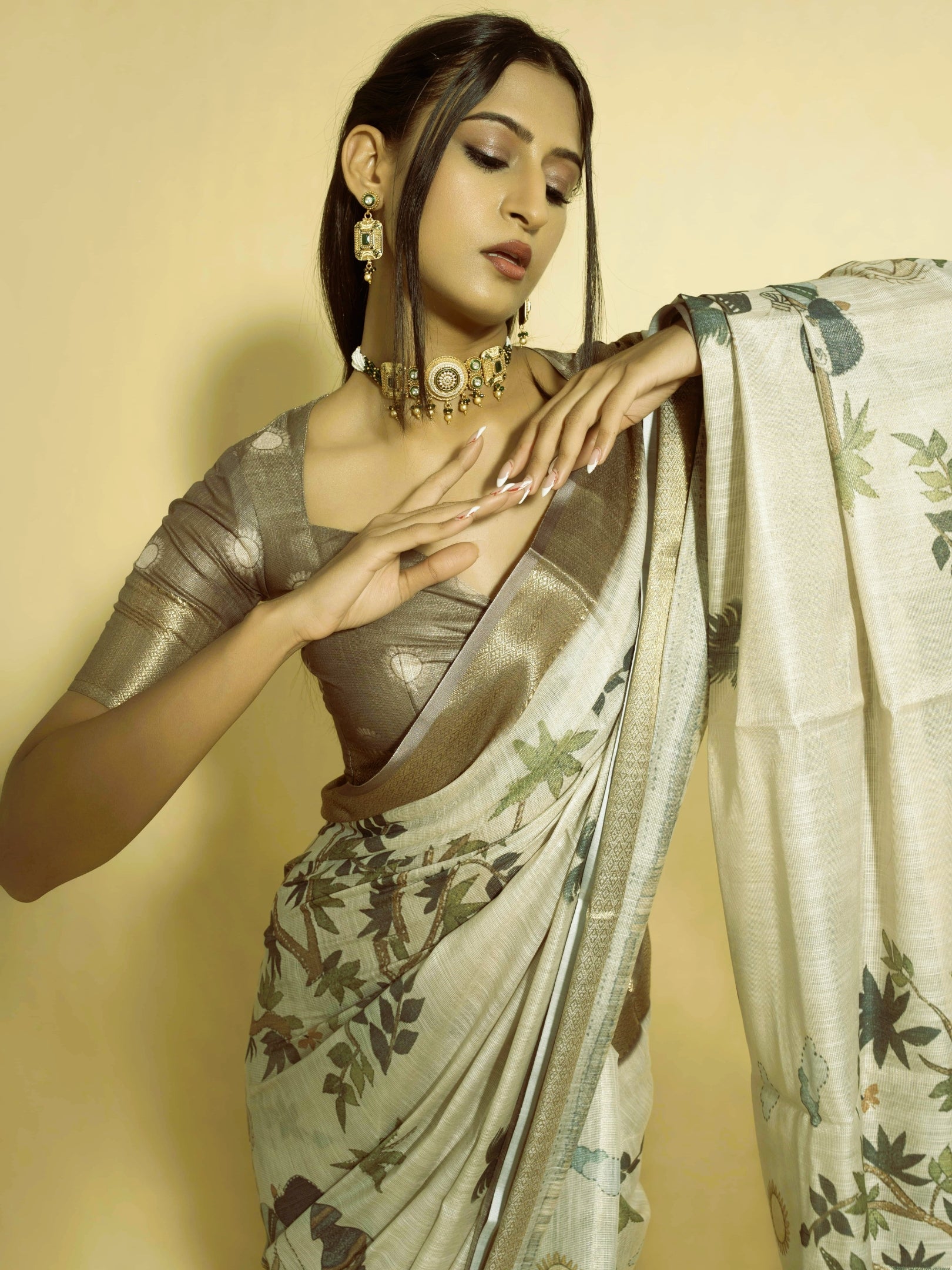 Off-White Illustrative Folk Art Saree with Dull Gold Zari Border