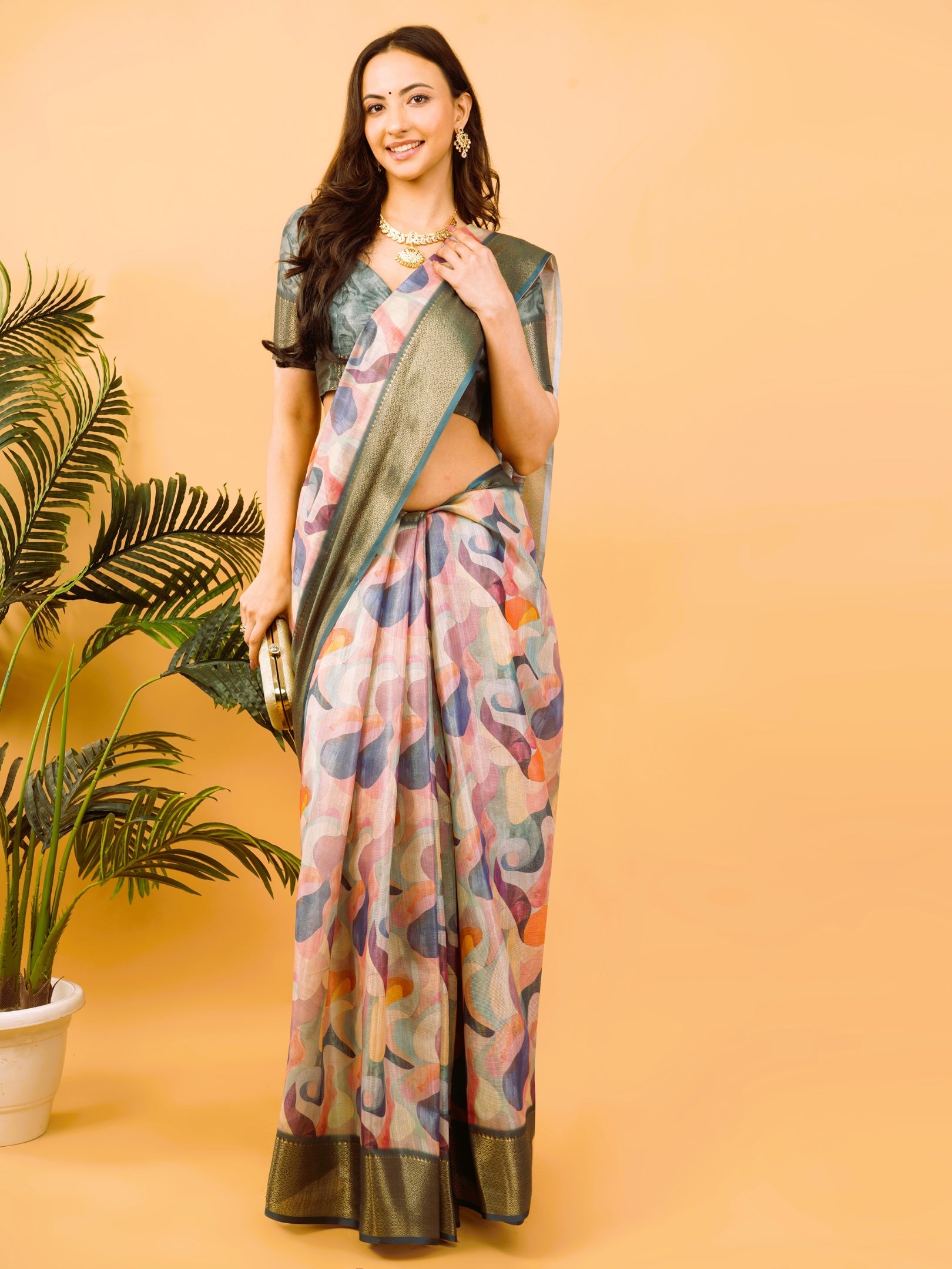 Multi-Color Abstract Print Saree with Antique Zari Border