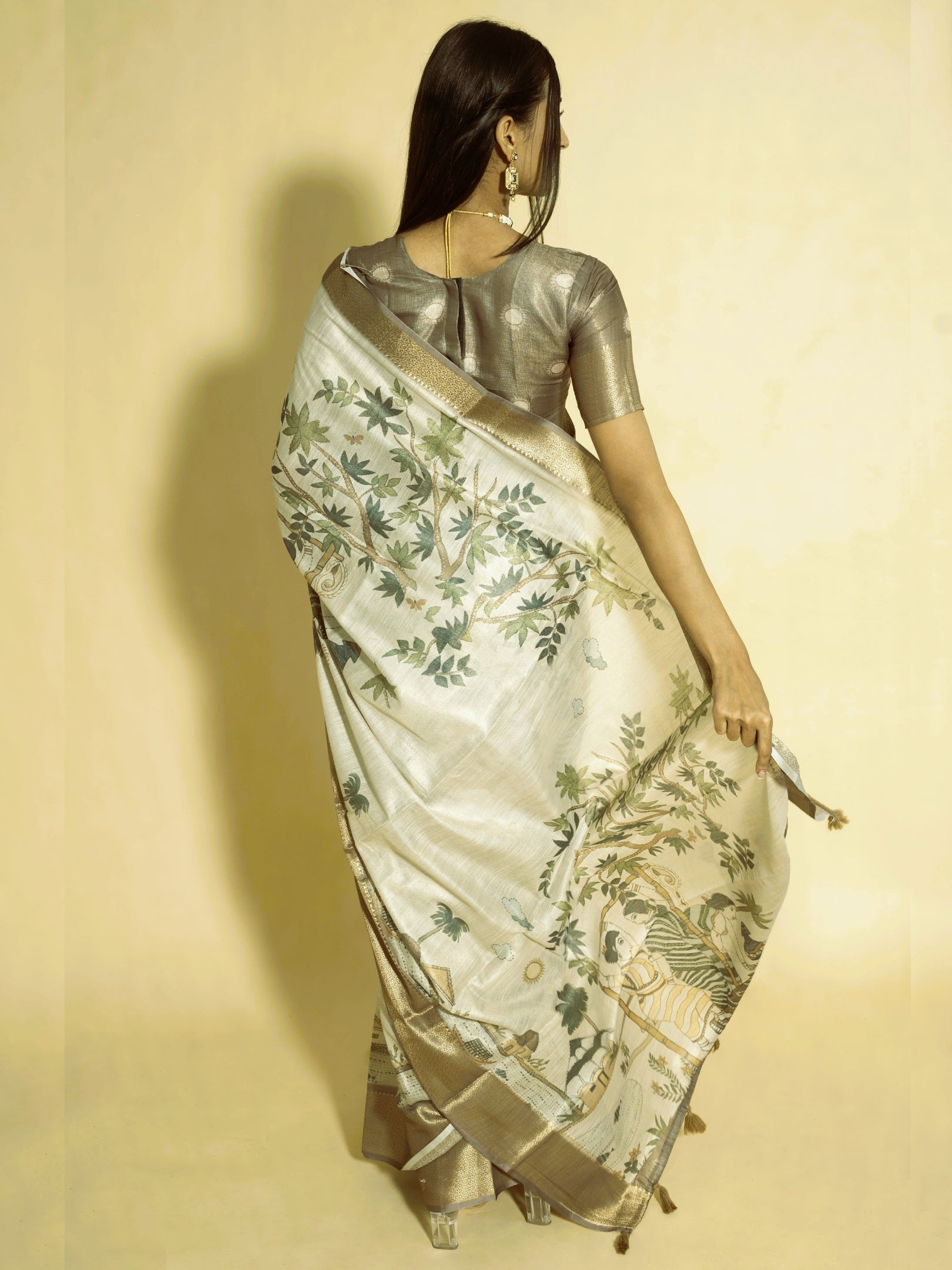 Off-White Illustrative Folk Art Saree with Dull Gold Zari Border