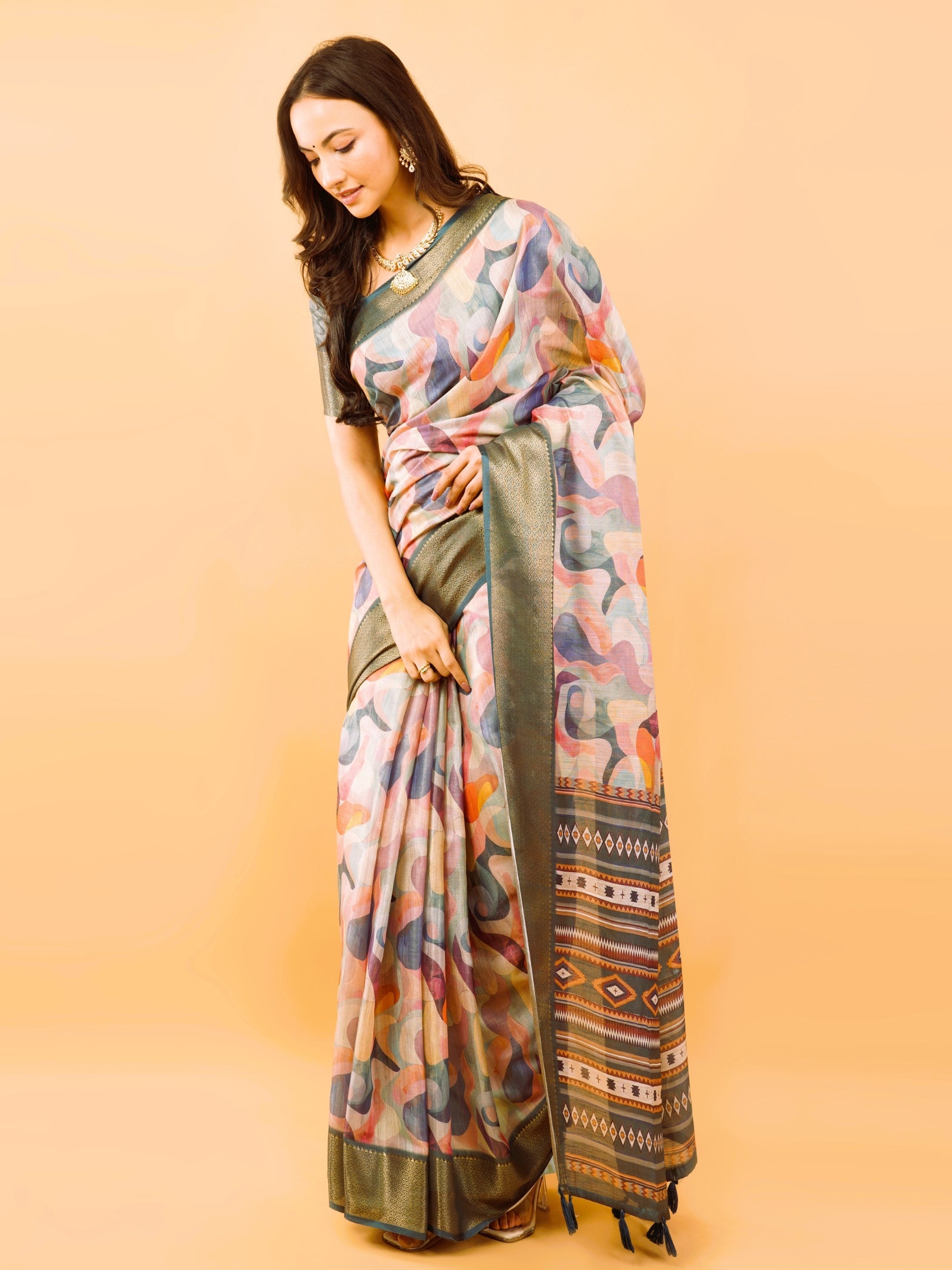 Multi-Color Abstract Print Saree with Antique Zari Border
