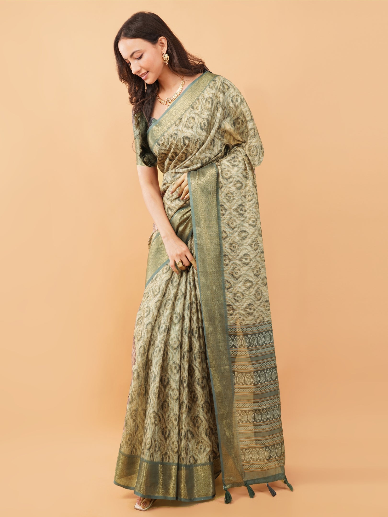 Slate Grey & Earthy Beige Abstract Block-Print Saree with Antique Zari Border