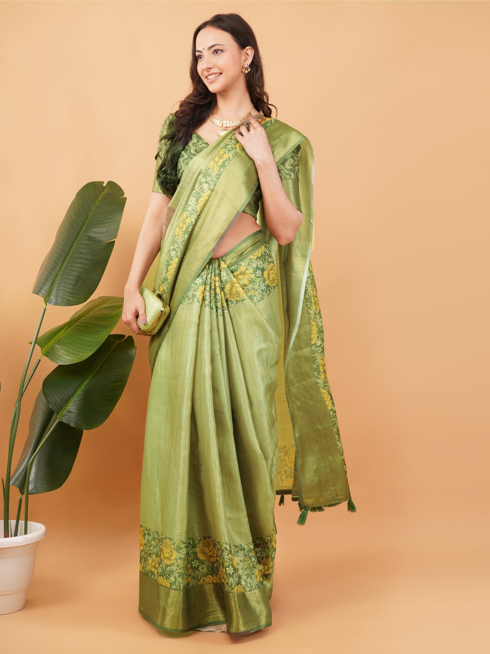 Metallic Gold Floral Saree with Floral Border and Tassel Pallu