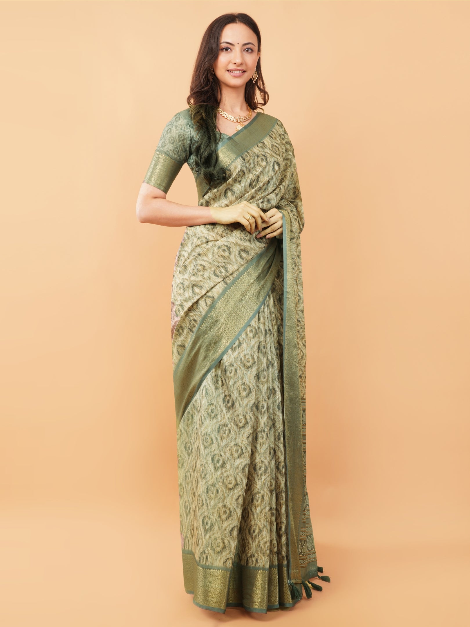 Slate Grey & Earthy Beige Abstract Block-Print Saree with Antique Zari Border