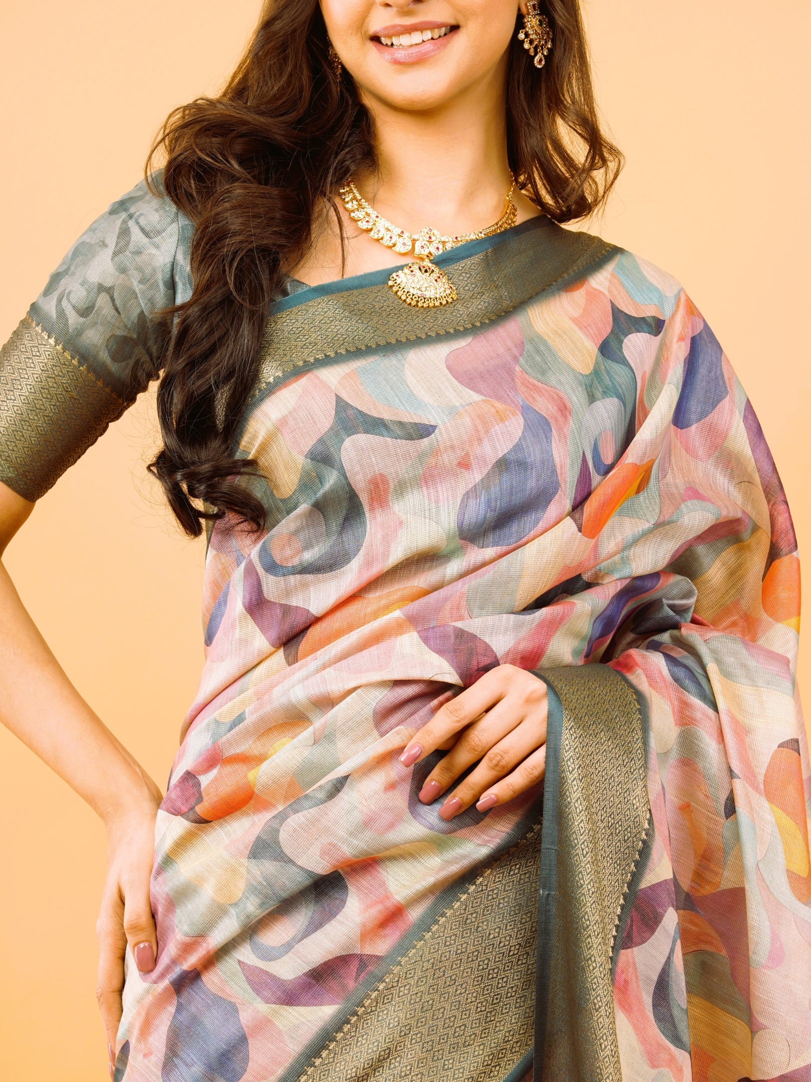 Multi-Color Abstract Print Saree with Antique Zari Border