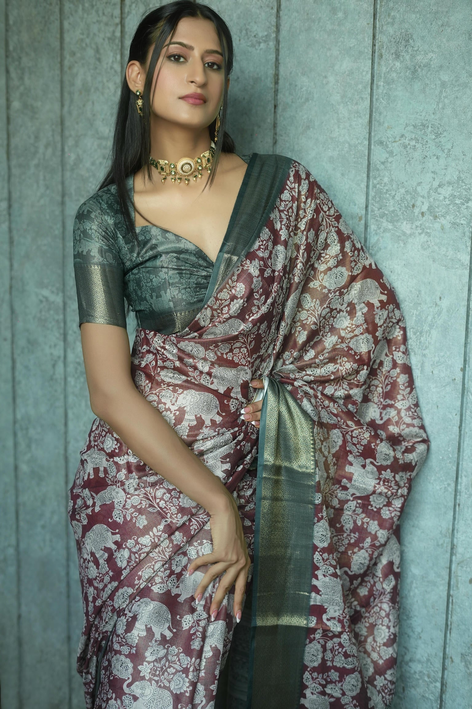 Maroon Floral and Elephant Print Saree with Antique Zari Border
