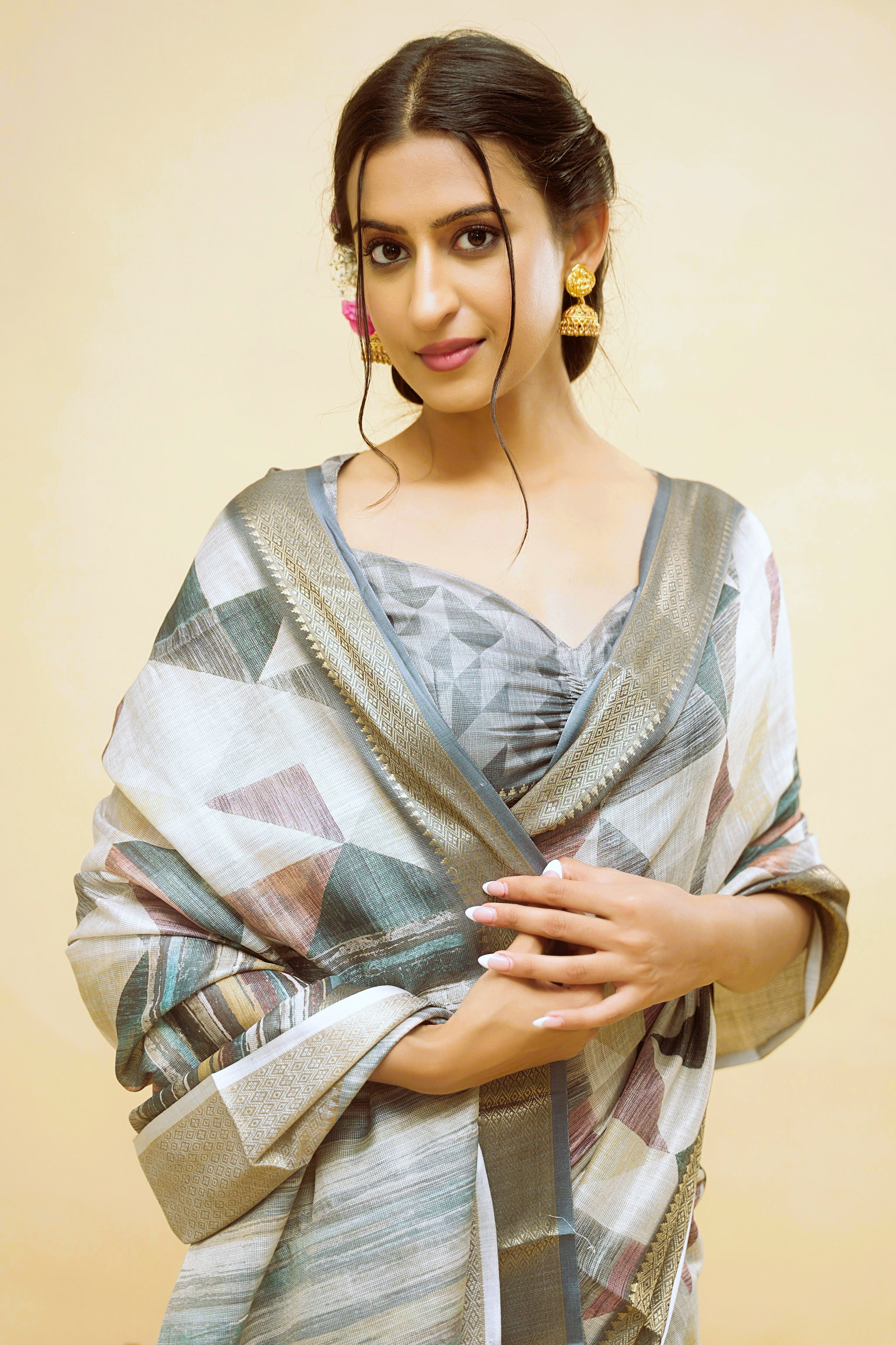 Grey and Mauve Geometric Triangle Print Saree with Bronze Zari Border