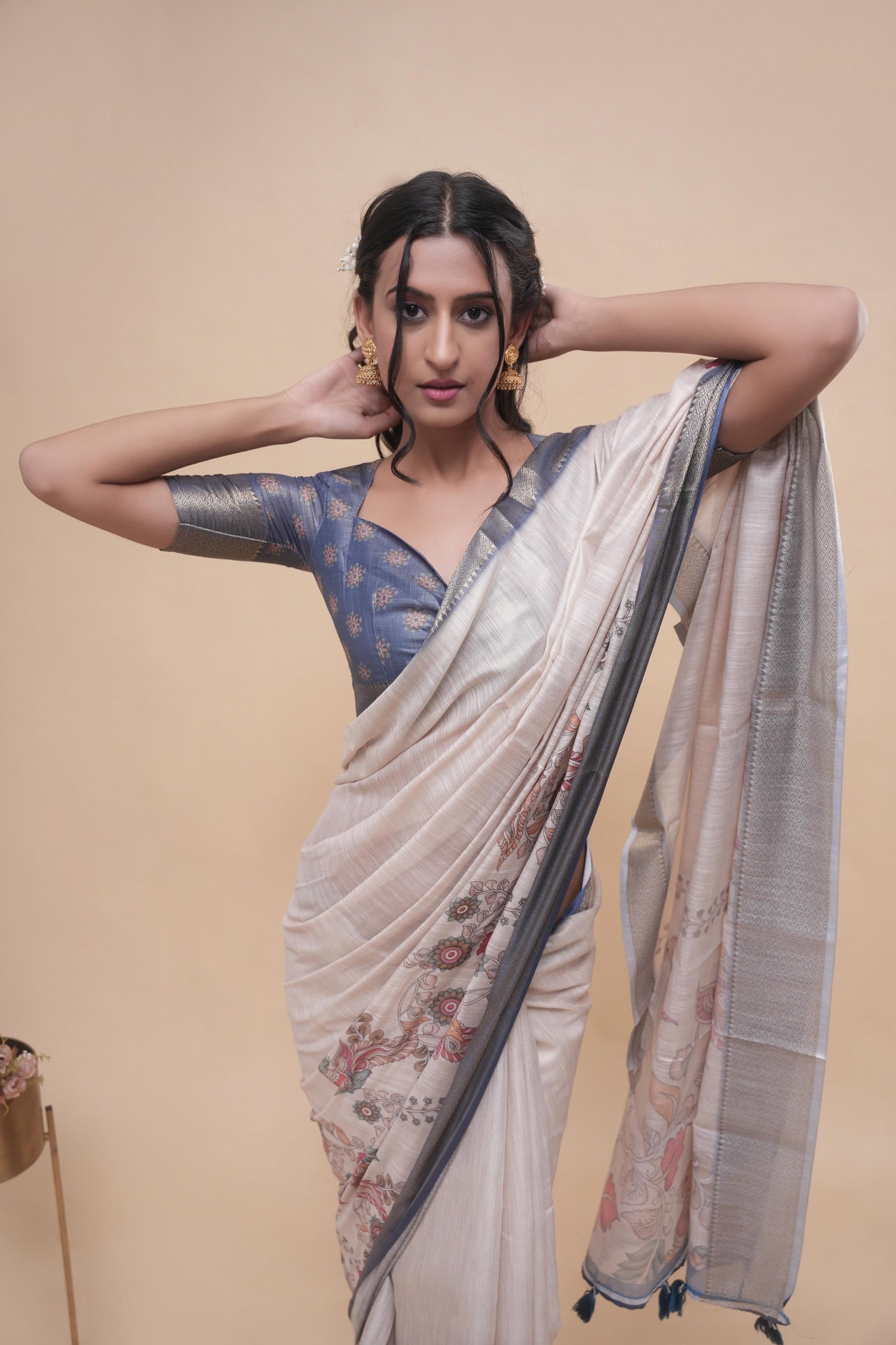 Cream Pen Kalamkari Print Saree with Steel Blue Zari Border