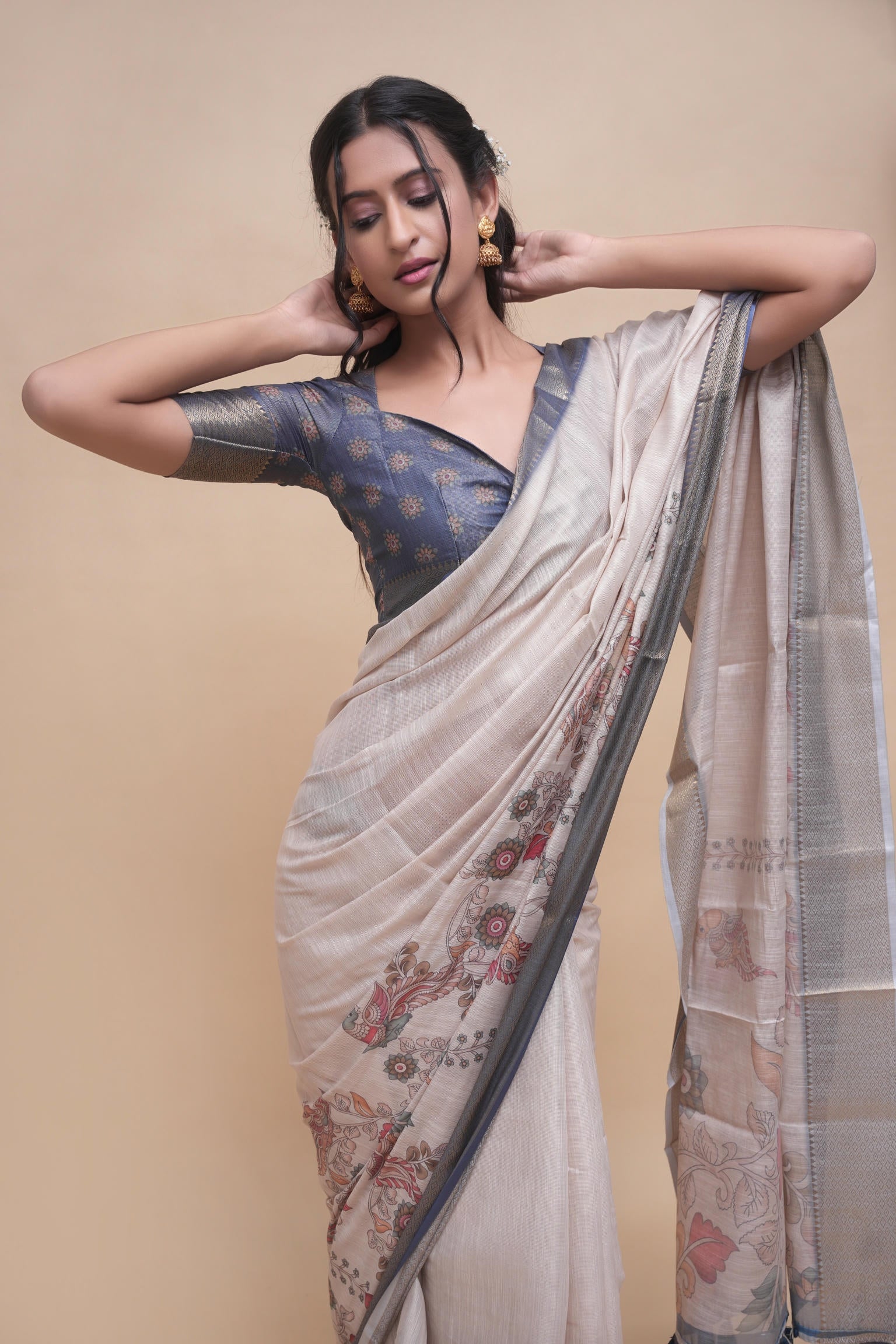 Cream Pen Kalamkari Print Saree with Steel Blue Zari Border